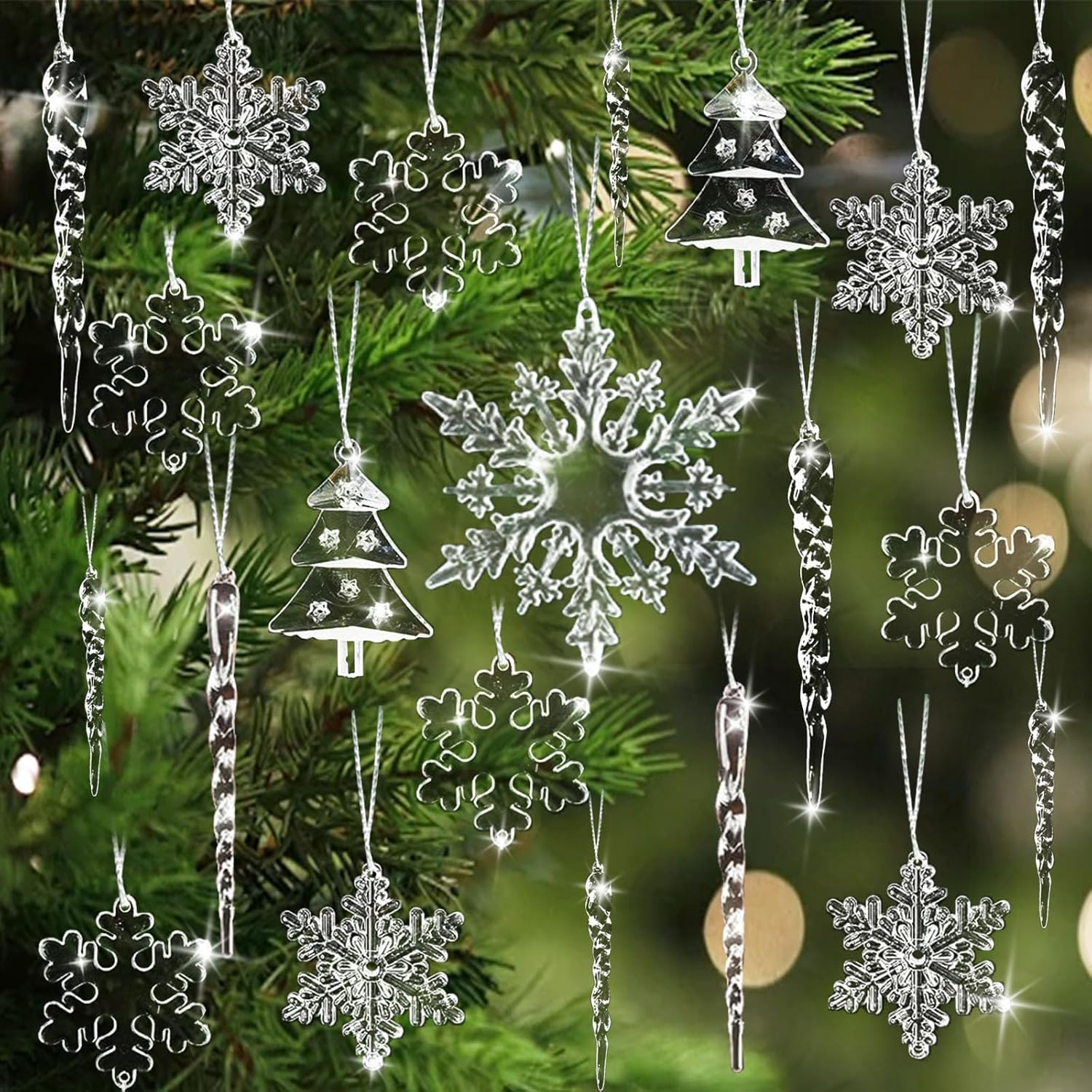 24Pcs Crystal Christmas Tree Ornaments, Decorations Hanging Acrylic Snowflake and Icicle Ornaments with Drop Pendants for Christmas Tree Party Decorations，Winter Wonderland image number 3