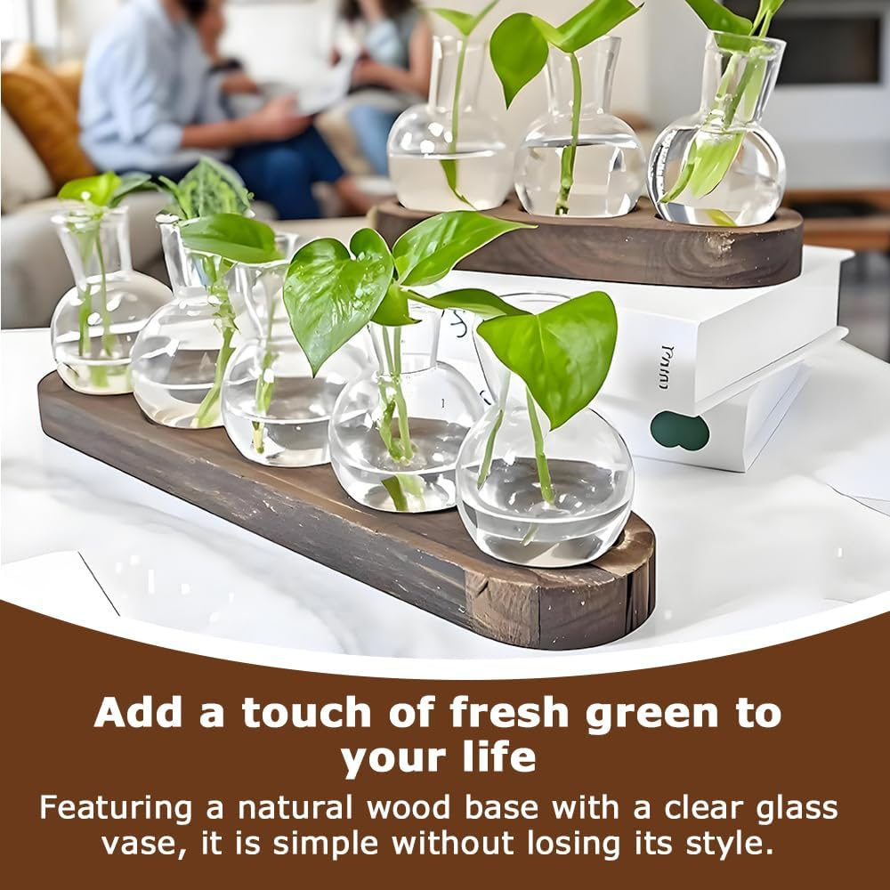5-Piece Mini Acrylic Vase, Modern Bud Jardiniere Collection, Decorative Tabletop Bottle, with Wooden Holder for Flowers, Centerpieces & Home D&eacute;cor image number 5