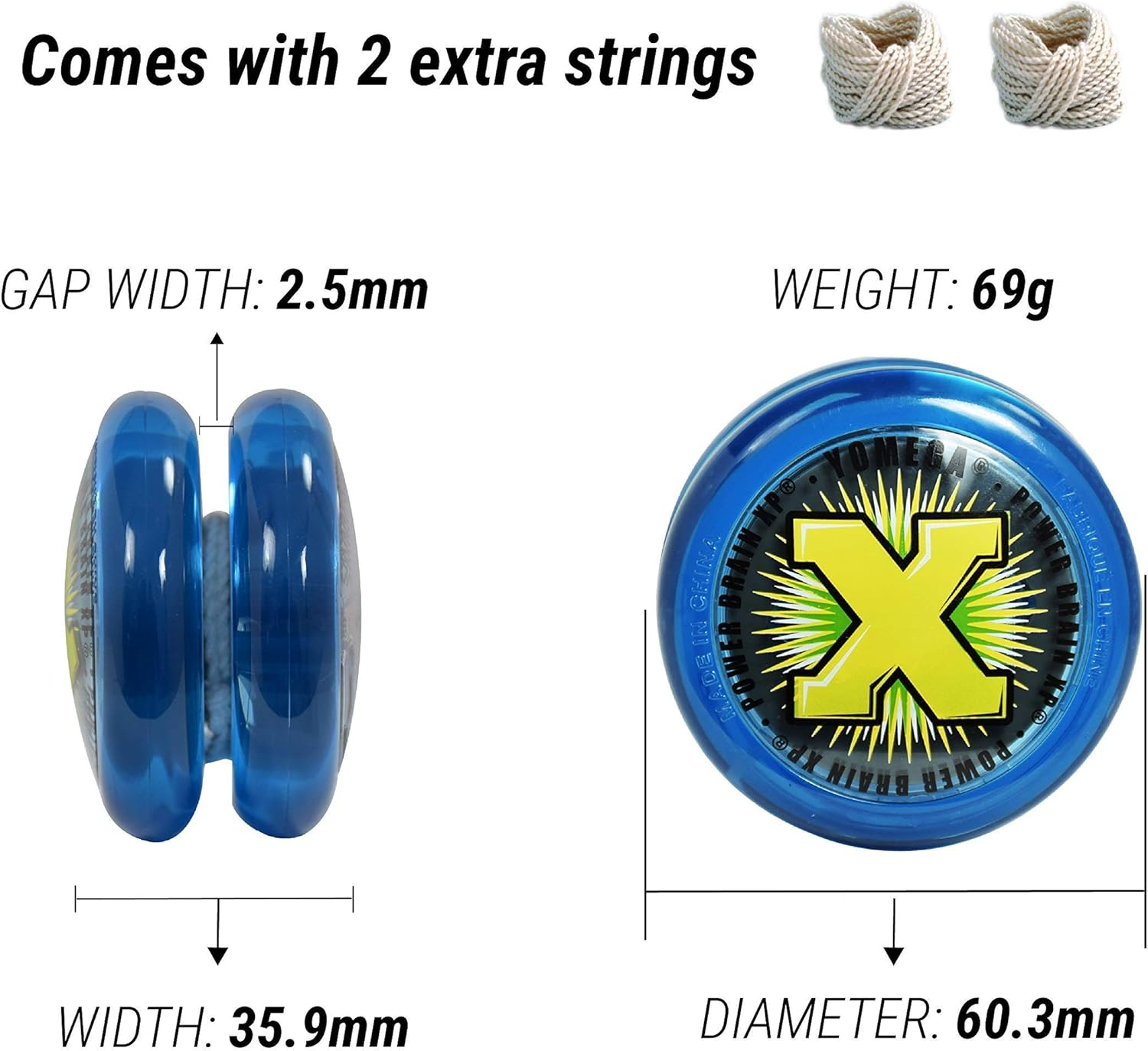 Yomega Power Brain XP Yoyo - Professional Yoyo with a Smart Switch Which Enables Players to Choose between Auto-Return and Manual Styles of Play. + Extra 2 Strings & 3 Month Warranty (Blue)