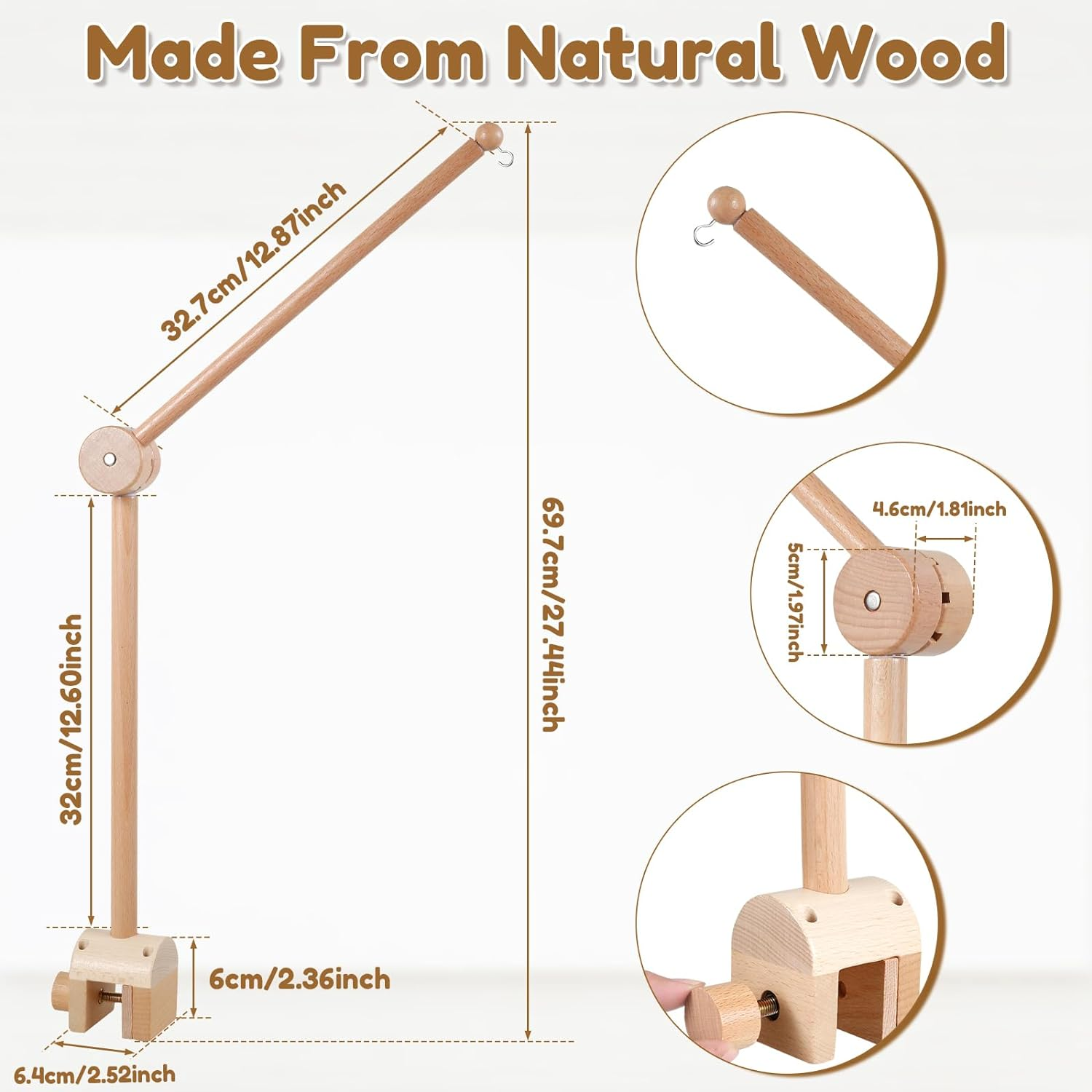 Baby Crib Mobile Arm 27Inch Wooden Crib Mobile Holder Angle and Height Adjustable Crib Mobile Arm Non-Skid Crib Mobile Bed Bell Holder Nursery Mobile Hanger for Crib Nursery D&eacute;cor