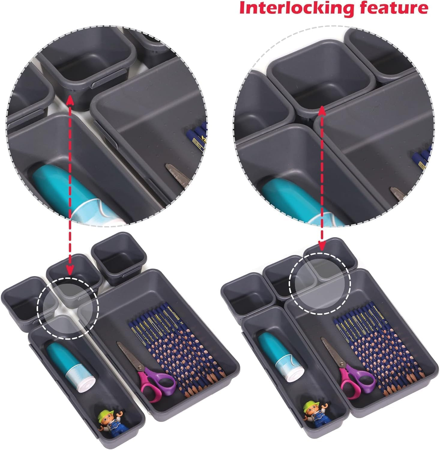 MUSONG Set of 24 Interlocking Desk Drawer Organizer Tray Dividers Plastic Shallow Narrow Drawers Organizers Separators Storage Bins Container for Kitchen Bathroom Makeup Office Vanity Bedroom Dresser