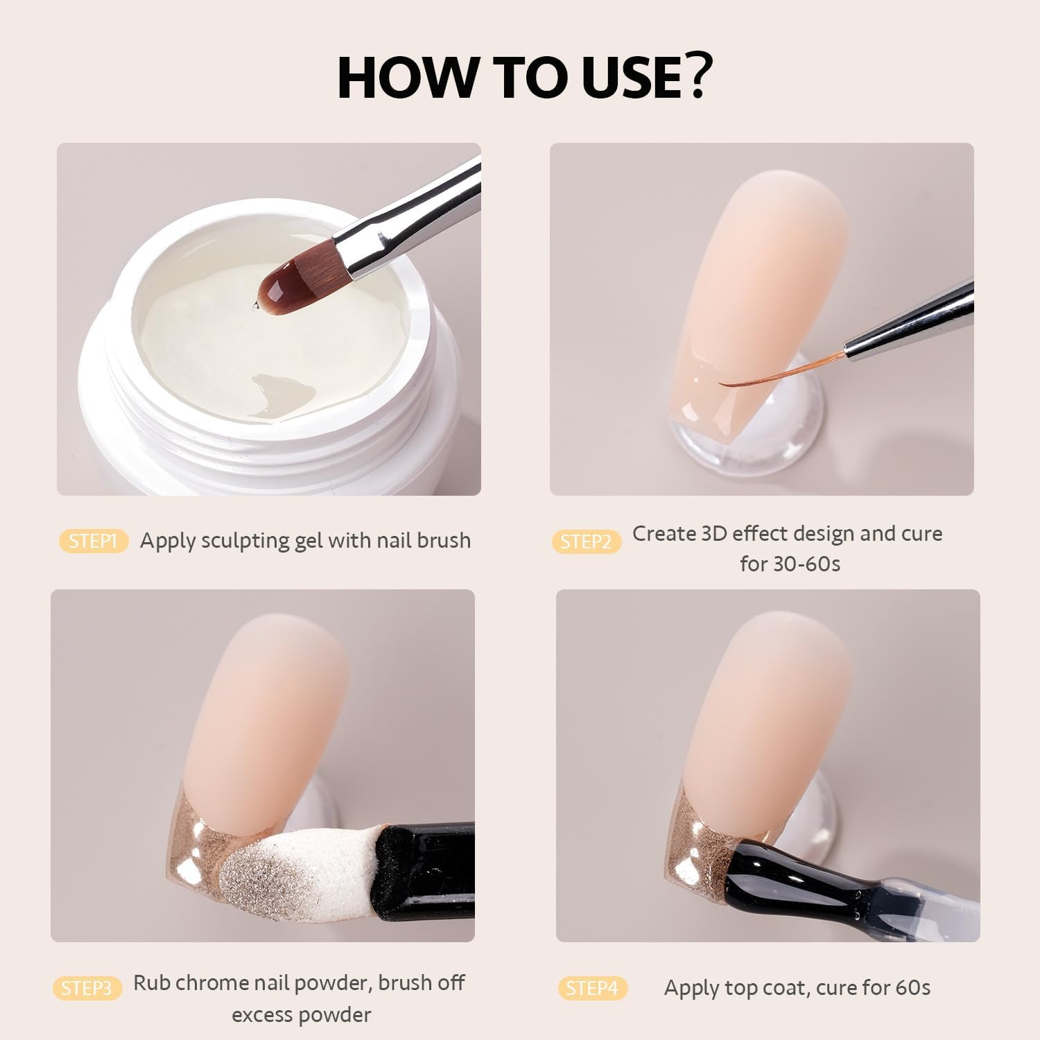 GAOY 3D Sculpting Gel for Nail Art, Semi-Solid Modeling Gel for Rubbing Chrome Nail Powder, Sticking Rhinestones and Painting, No Wipe