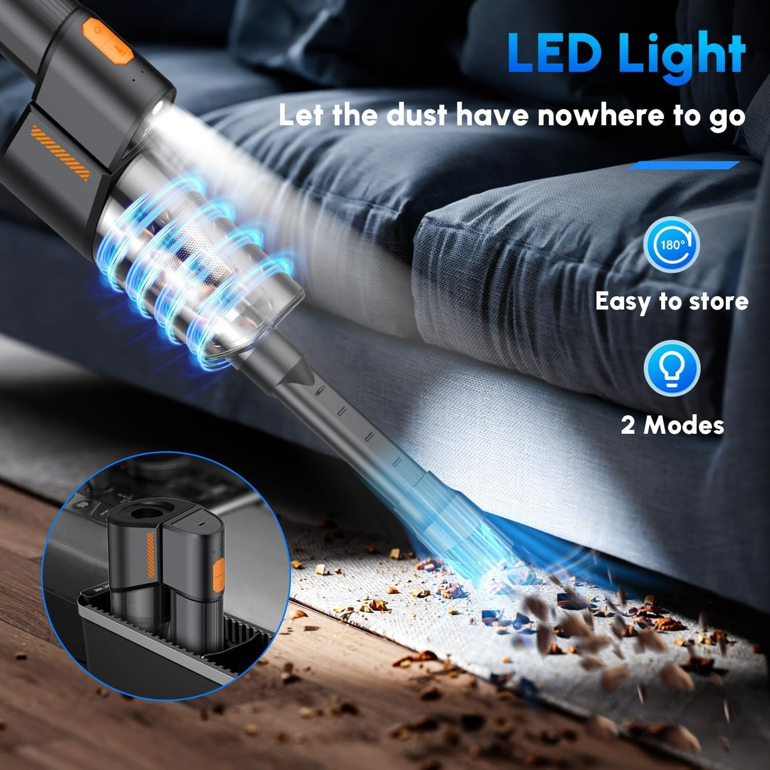 GALENPOO Cordless Handheld Vacuum Cleaner for Home/Office/Car/Swim Ring/Airbed, 120000RPM Brushless Motor 35Kpa Strong Suction, Rechargeable Battery, LED Light, Portable Rotary image number 5