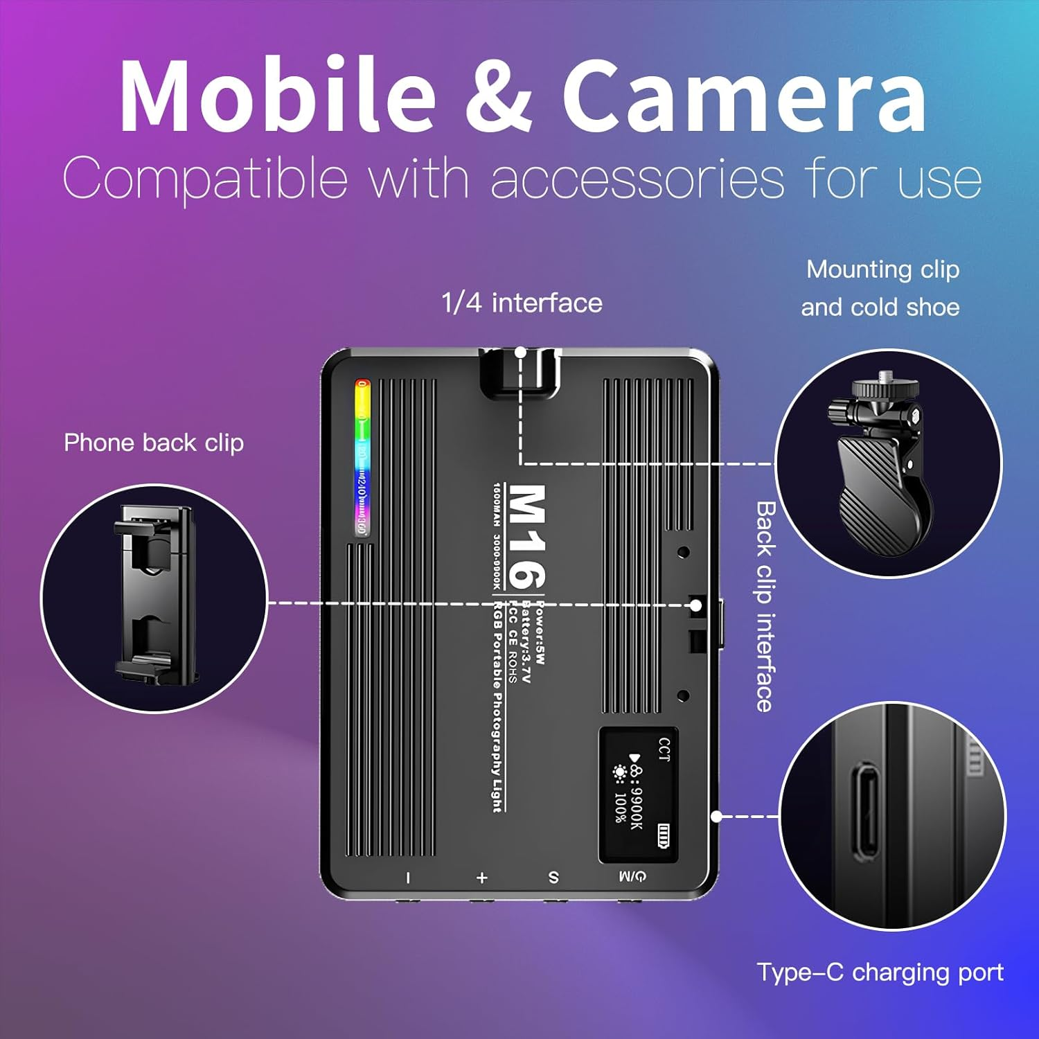 YLSD RGB Portable Selfie Light for Phone&Camera, 360&deg; Full Color 94 LED Video Light with Cold Shoe, CCT 3000K-9900K CRI 80+,1500Mah Rechargeable Ring Light for Photography/Vlog/Tiktok