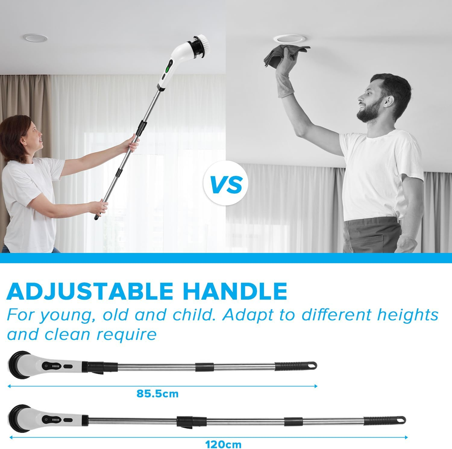 Necomi Electric Rotary Scrubber,Adjustable Handle Long Handle Electric Cleaning Brush with 9 Replaceable Brush Heads,2 Adjustable Speeds,Rechargeable,Suitable for Bathroom, Kitchen, Tile,Car Cleaning image number 3