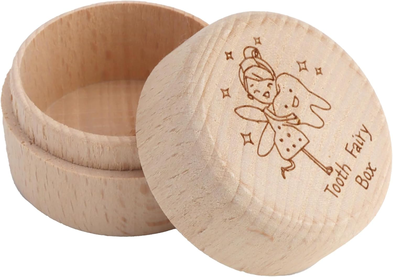 Round Wooden Tooth Box Keepsake Organizer, Mini Cute Collect Lost Tooth Souvenir Storage Box, Tooth Fairy Cases for Birthday Baby Shower, Kids Gift image number 2