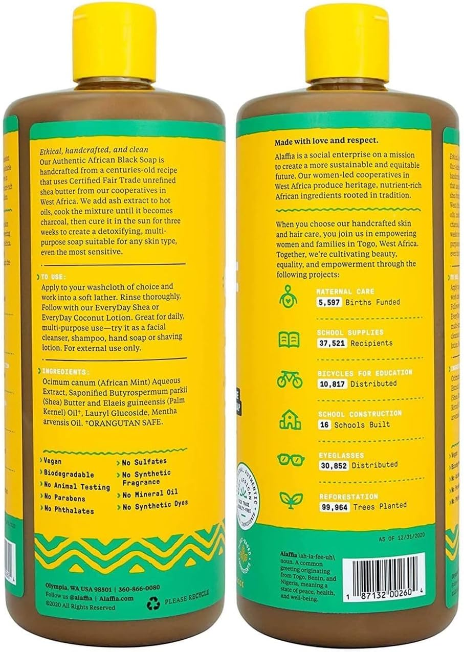Alaffia Authentic African Black Soap Variety 2-Pack &ndash; All-In-One Liquid Soap, Travel-Size Eucalyptus Tea Tree + Full-Size Peppermint Body Wash, Face Wash, Shampoo, Shaving Soap image number 4