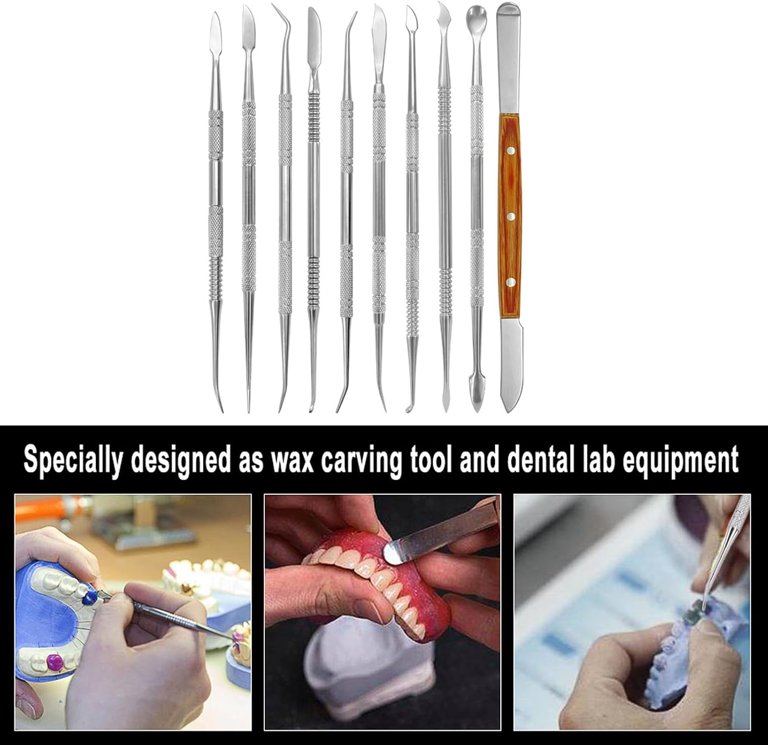 LAPOOH 10PCS Wax Carving Tool Set Stainless Steel Dental Instrument Versatile Kit Dental Lab Equipment Dental Tool Set with PU Holder Case image number 2