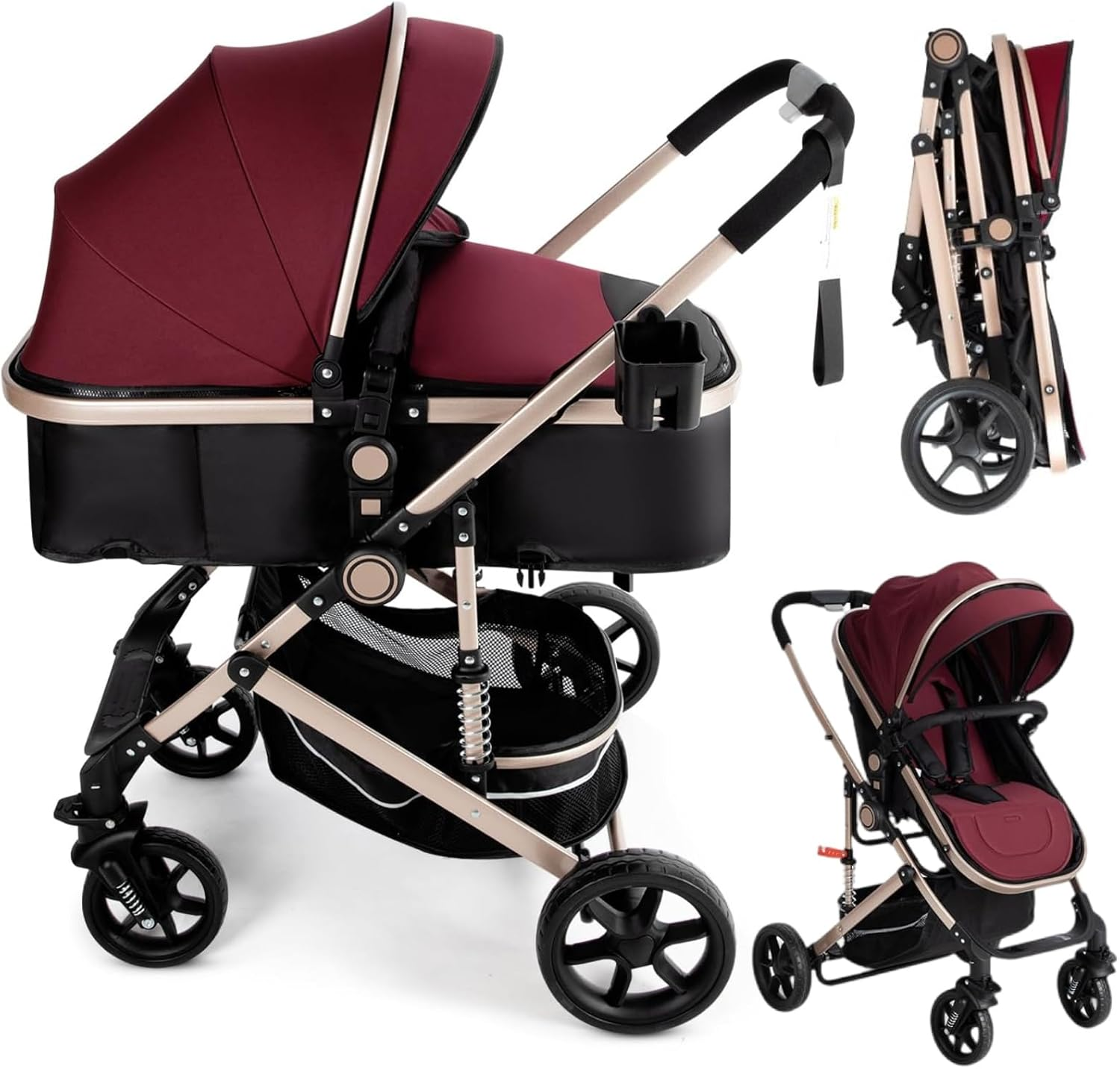 3-In-1 Baby Stroller Pram & Bassinet | Travel Pram with Shock Absorption, Reversible Seat & One-Hand Fold | High View, 5-Point Harness & 50KG Capacity | Wine Red Canopy with UPF 50+ image number 1