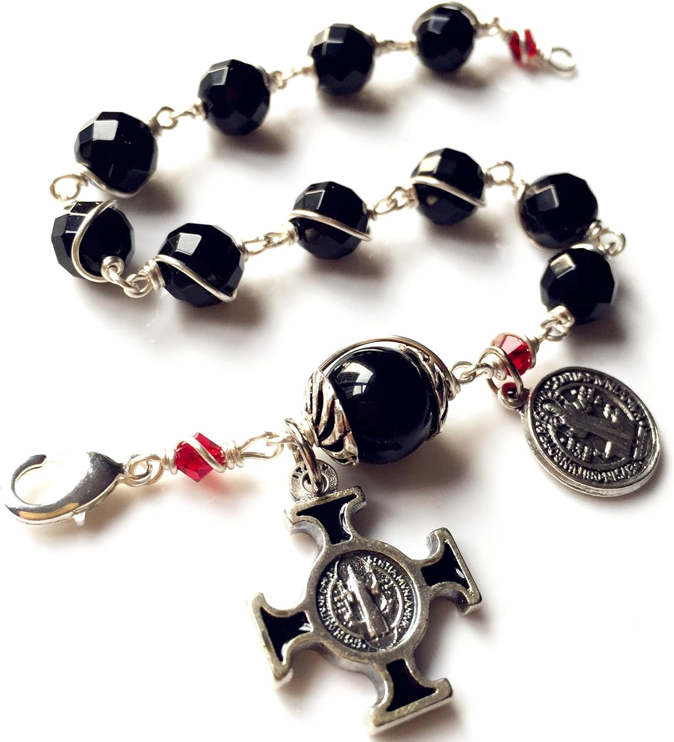 Elegantmedical HANDMADE SILVETR Wire Wrap Black Agate Prayer Beads Bracelet Rosary Cross Catholic image number 2