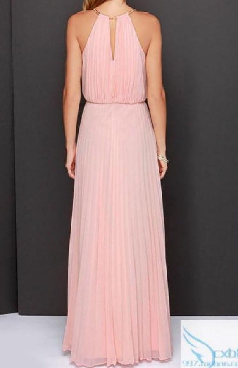 YUNY Women Solid Sleeveless Halter Smocked Waist Chiffon Evening Dresses