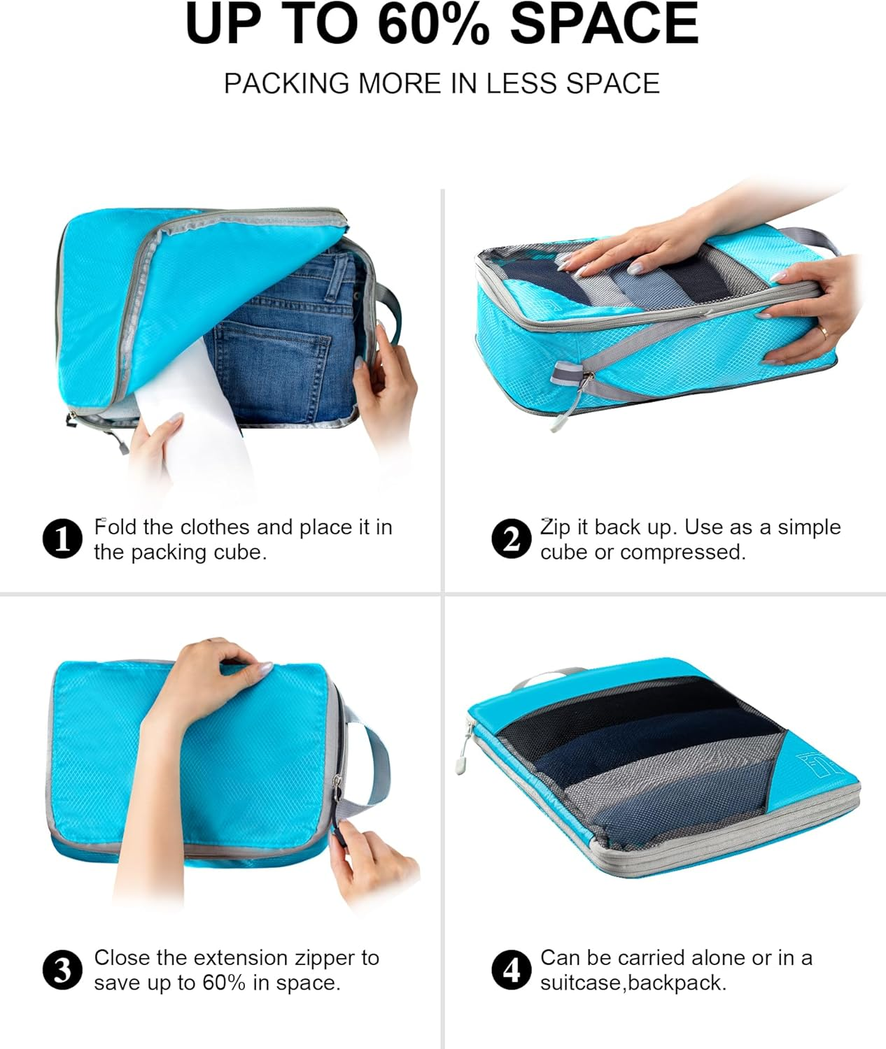 Compression Packing Cubes for Suitcases, Extensible Travel Packing Cubes, Mesh Luggage Suitcase Organizer Bags, Large Medium Small Slim Packing Cube, Travel Suitcase Accessories - Blue image number 2