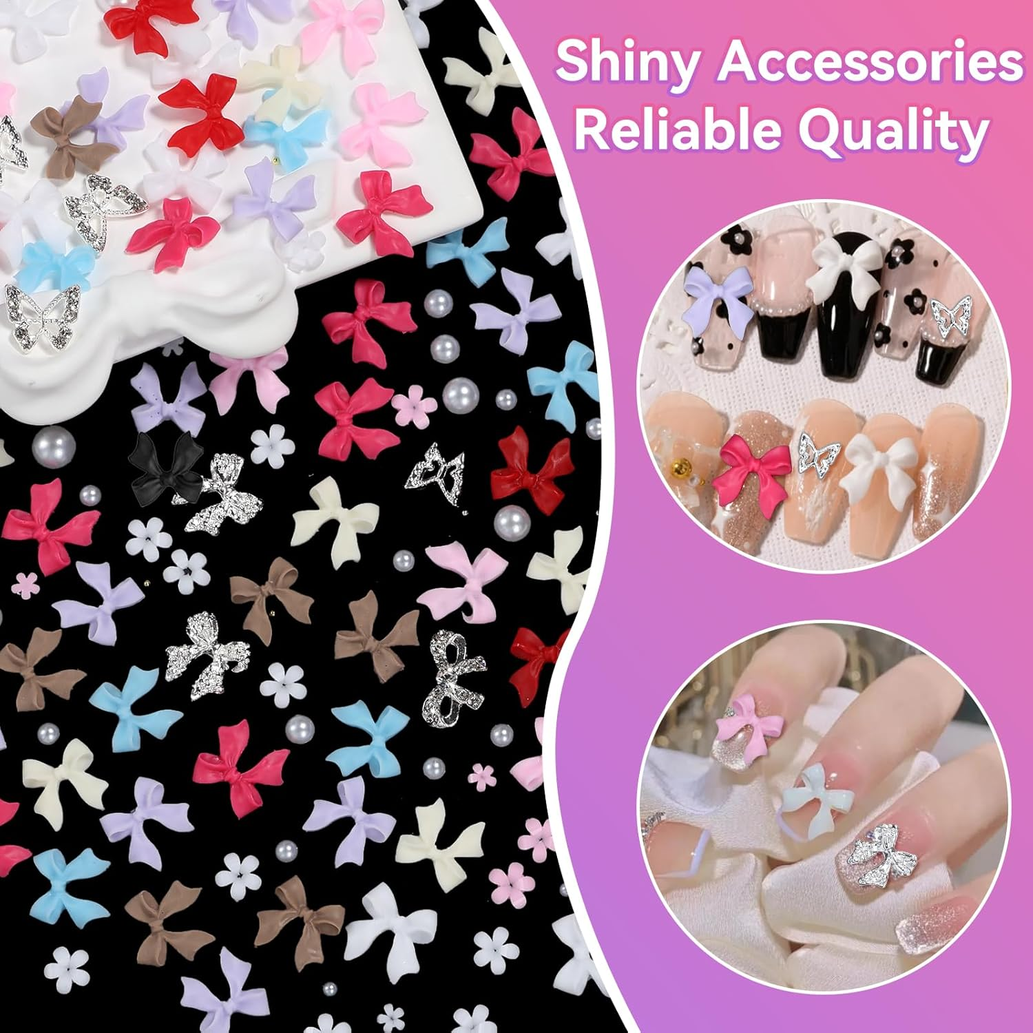 2 Boxes Mixed 3D Nail Charms and Rhinetones, Color Flower Bow Nail Art Charms, Half round Pearl Flatback AB Nail Gems, Butterfly Alloy Nail Charms DIY Nail Art Supplies Accessories image number 4