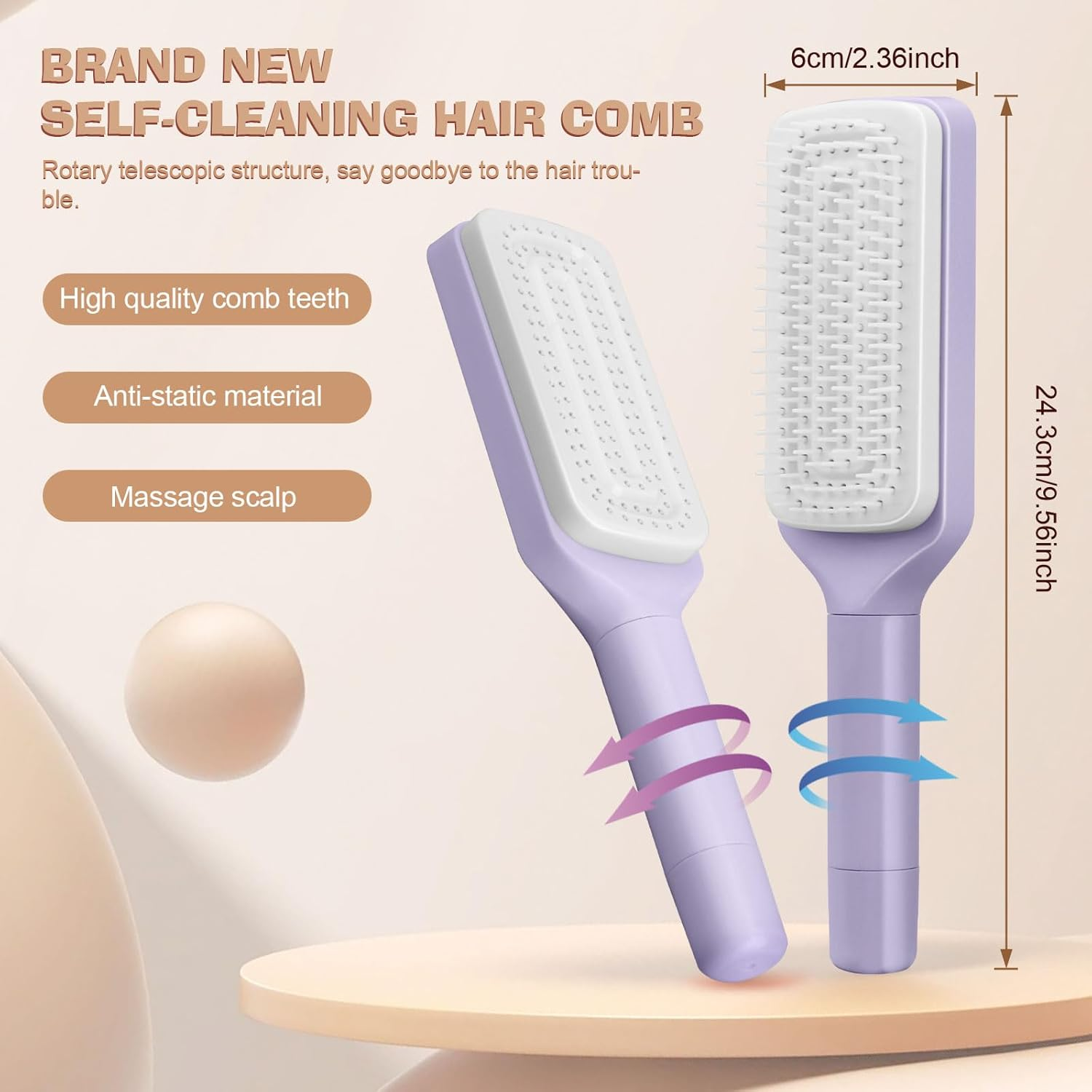 Self-Cleaning Hair Brush, One Click Cleaning Comb, Hair Brushes for Women, Air Massage Combs, Rotating Telescopic Comb, Easy to Comb and Clean, Suitable for All Hair Types (Purple) image number 3
