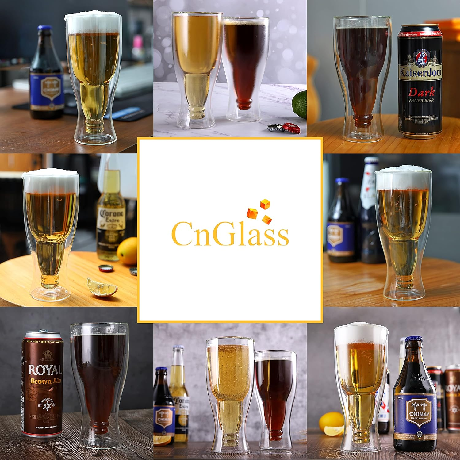 Cnglass Beer Glasses 13.5Oz,Double Wall Insulated Upside down Glass,Set of 2, Durable Beer Glassware for Cold Drinks