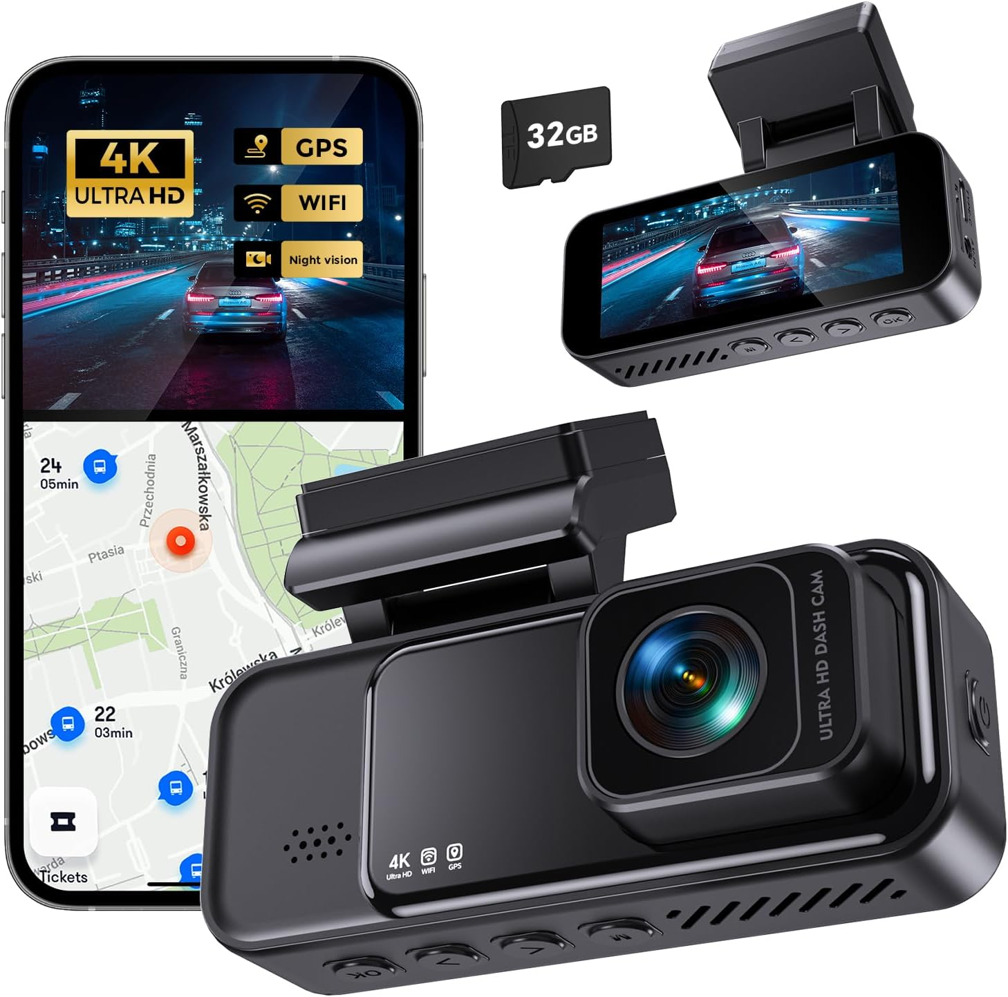 COOLCRAZY Dash Cam, 4K UHD Dash Camera for Cars Built-In GPS, 3.2" IPS Screen Wifi & App Dashcam, 24H Parking Mode, 170&deg;Wide Angle Front Dashcams with 32G Card, WDR, Night Vision, G-Sensor