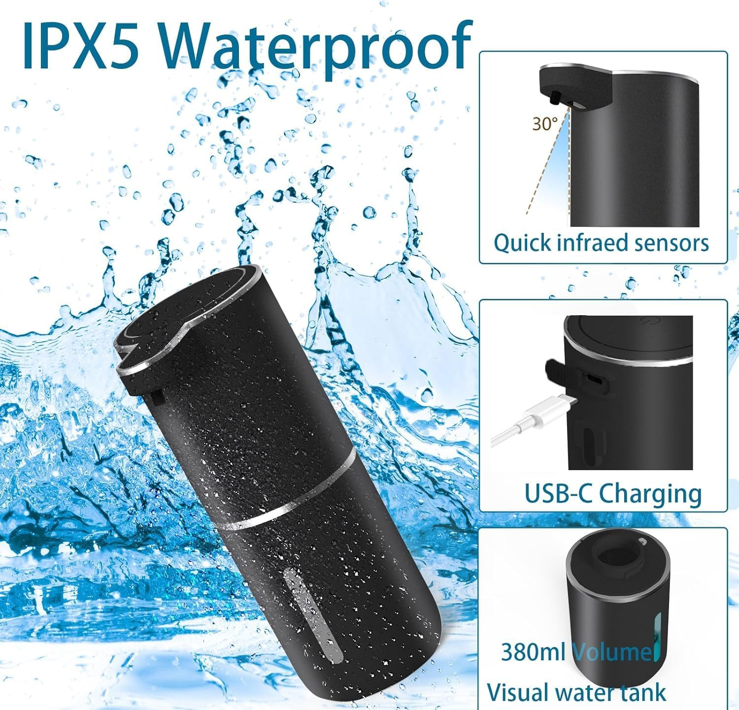 Automatic Soap Dispenser, Touchless Foaming Soap Dispenser 380Ml USB Rechargeable Dispenser Electric Wall Mounted 4 Levels Adjustable Foam Soap Dispenser Pump for Bathroom Kitchen Dish Soap (Black) - White image number 6