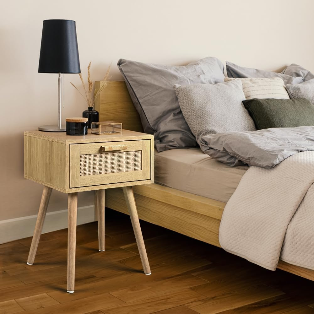 Furb Bedside Table with Storage Drawer Rattan Side End Table Small Narrow Nightstand for Living Room Bedroom Furniture, 40X34X58Cm image number 4