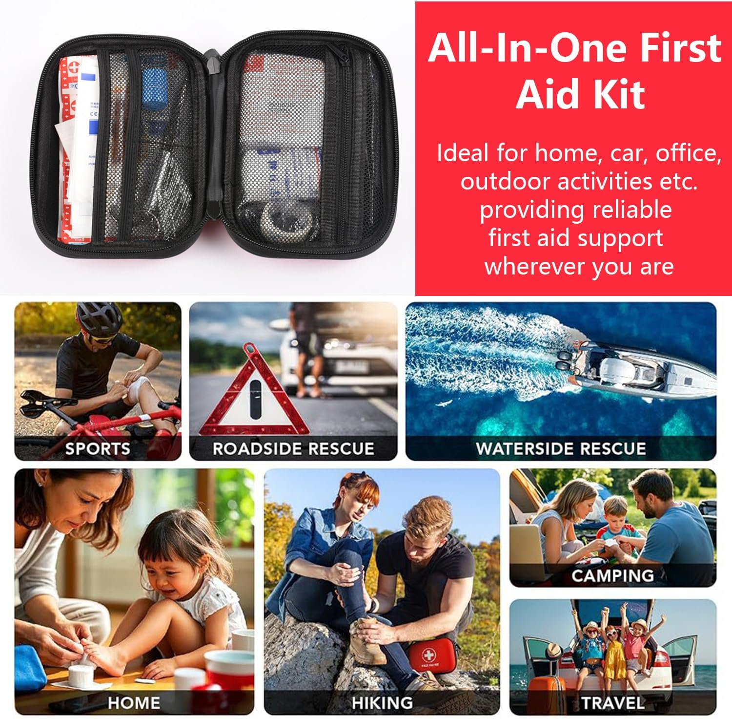 103Pcs First Aid Kit for Car, Home & Travel &ndash; Compact Emergency Medical Supplies for Survival, Camping, Hiking, Office &ndash; Waterproof Portable Case with Essential First Aid Gear (Red, 103Pcs) image number 5