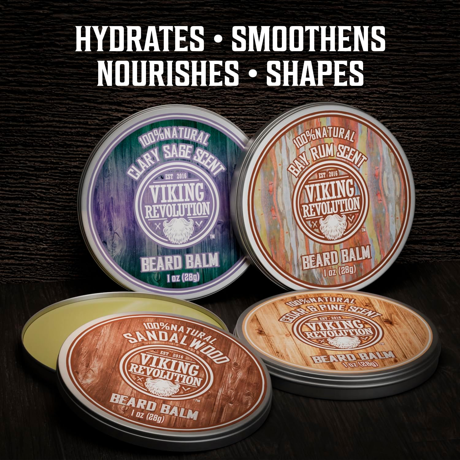 Viking Revolution 4 Beard Balm Variety Pack (1Oz Each) - Sandalwood, Pine & Cedar, Bay Rum, Clary Sage - Styles, Strengthens and Softens Beards and Mustaches - Wax for Men