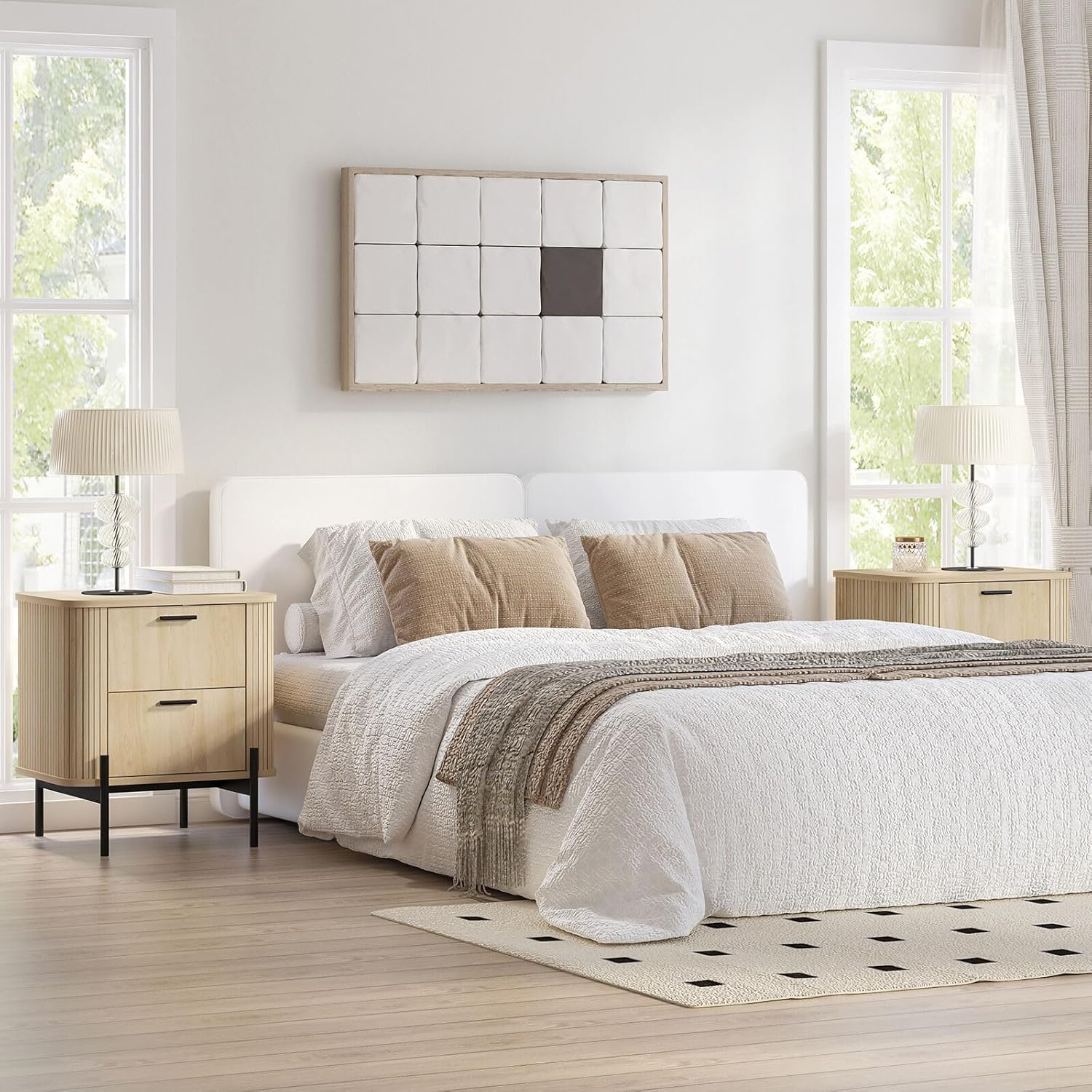 Merryluk Fluted Bedside Table Set of 2 Oak Nightstand with 2 Drawers and Black Metal Legs Ribbed Wood End Table round Corner Storage Cabinet for Bedroom Scandi Style image number 3