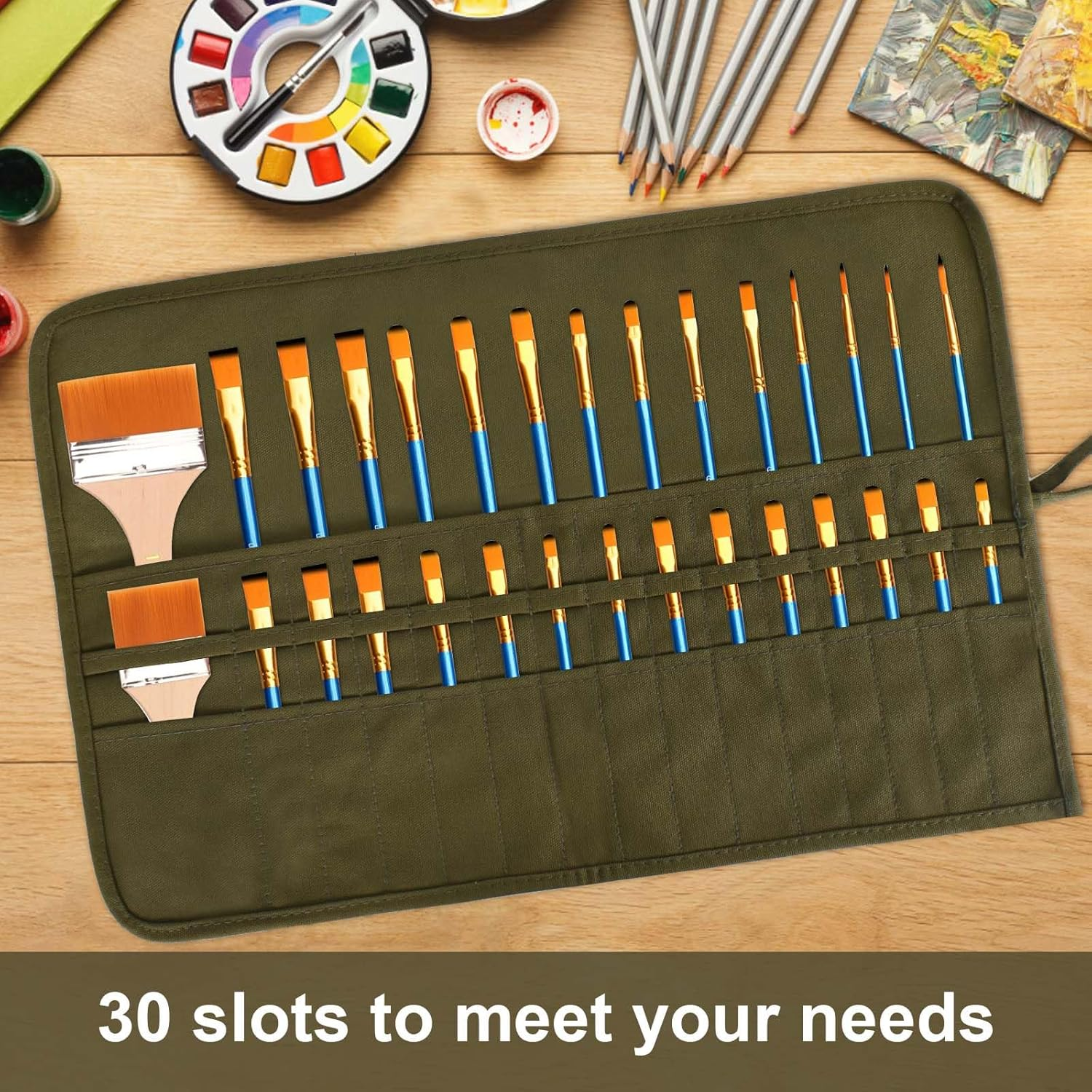 Roll up Paint Brush Holder 30 Slots, Canvas Pouch, Paint Brush Storage, Artist, Makeup, Acrylic Oil Watercolor Gouache
