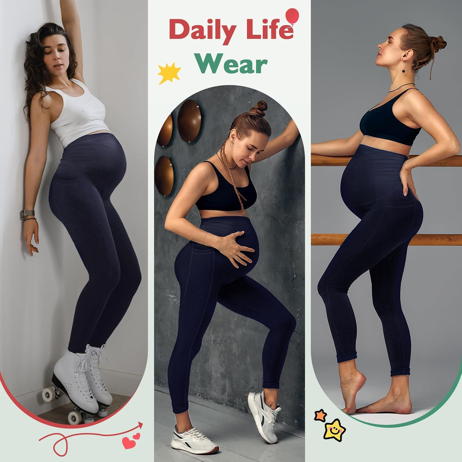 Women'S Maternity Leggings with Pockets High Waistband Pregnancy Leggings Opaque Elastic Maternity Leggings for Pregnant Women, Navy, XXL