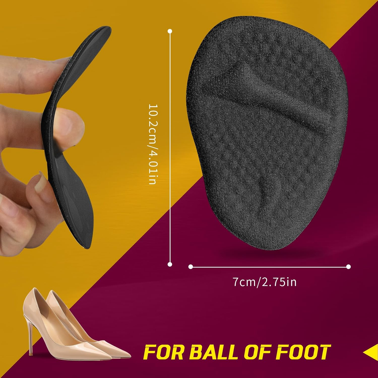 Ball of Foot Cushions Heel Inserts, Anti-Slip Metatarsal Pads for Women, One Size Fit All Foot Pad Insoles, Foot Pain Relief and Comfort Reusable Shoes Forefoot Gel Insoles for Loose Shoe, Blisters, Calluses-3Pairs, Black