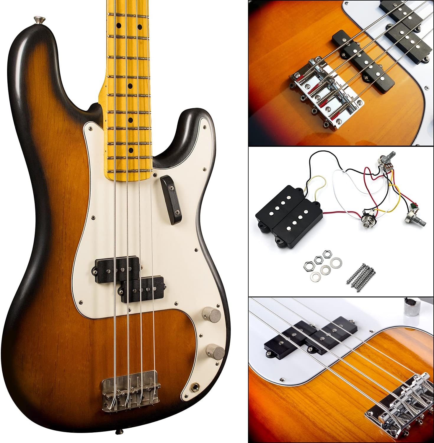 P Bass Humbucker Pickups Prewired Harness Set with 1T1V 1Jack, Variable Gauss Ceramic Traditional Precision 4 String Bass Pickups Set Compatible for PB Style Electric Bass, Black image number 6