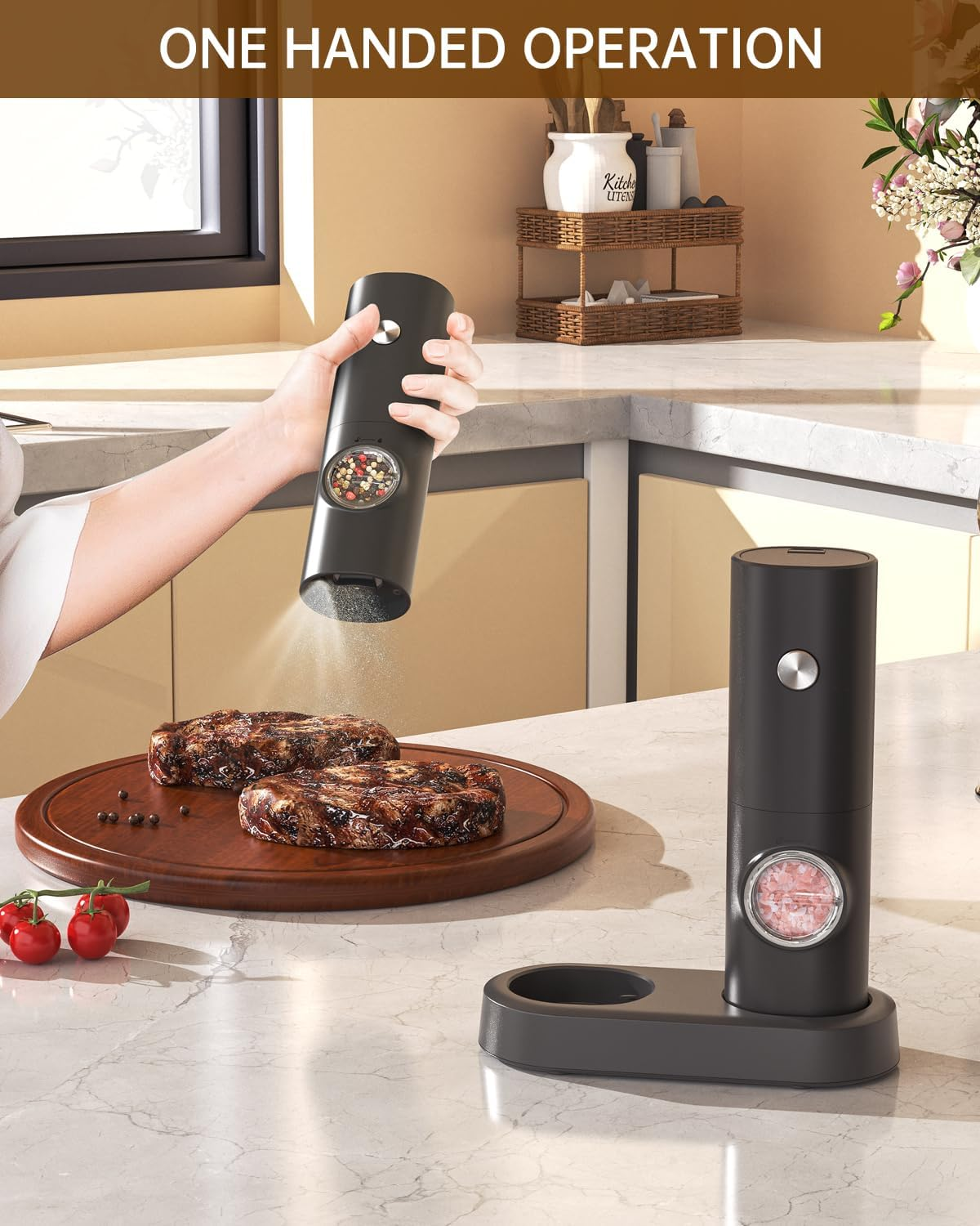 CIRCLE JOY Electric Salt and Pepper Grinder Set Battery Operated Spice Mills with Storage Base, White LED Light and Adjustable Coarseness, Black image number 4