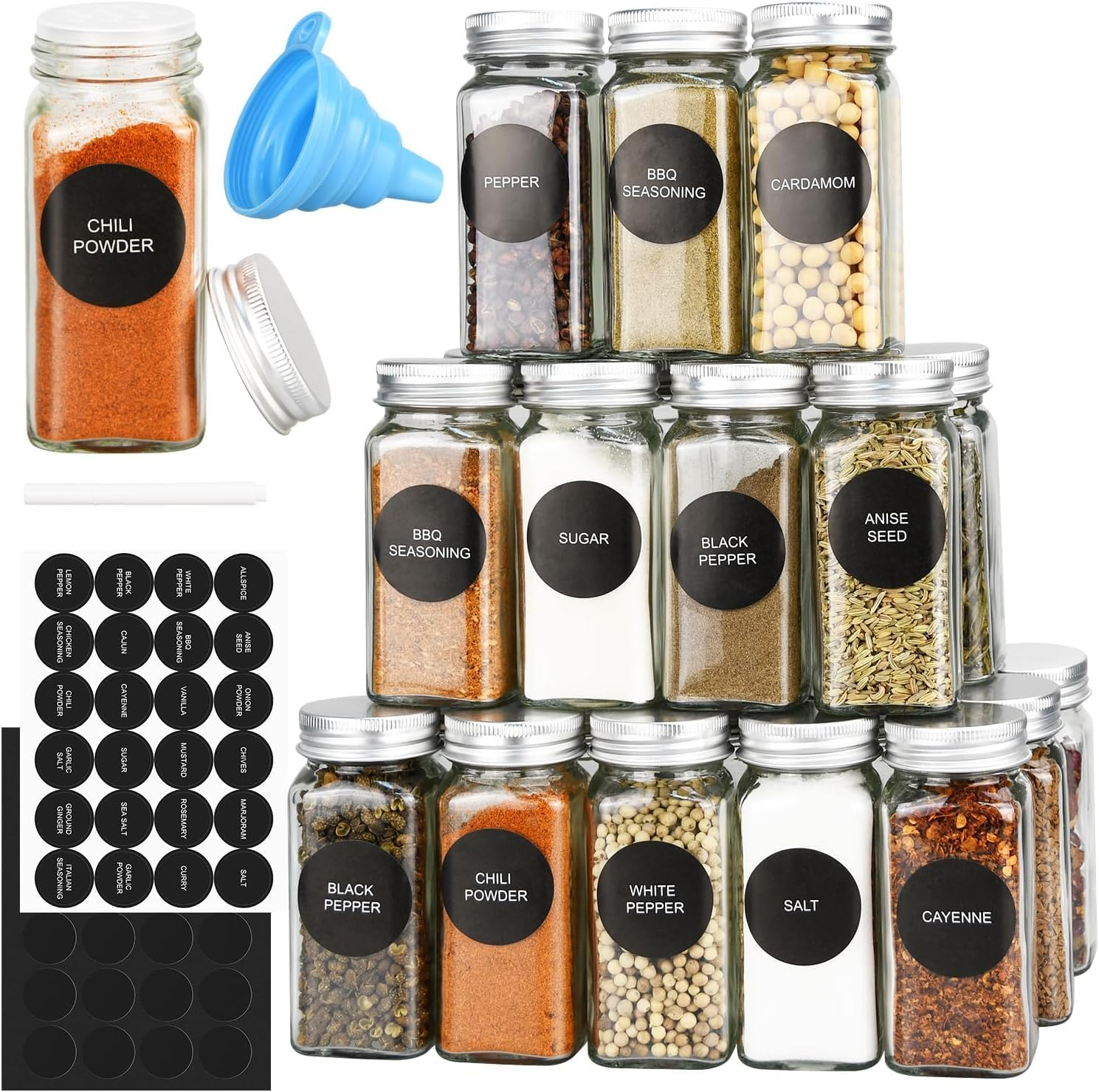 24Pcs Glass Spice Jars, 4 Oz Glass Seasoning Bottles, Spices Container, Empty Spice Jars, Square Spice Bottles with Airtight Stainless Steel Caps with Shaker Lid (24) image number 2