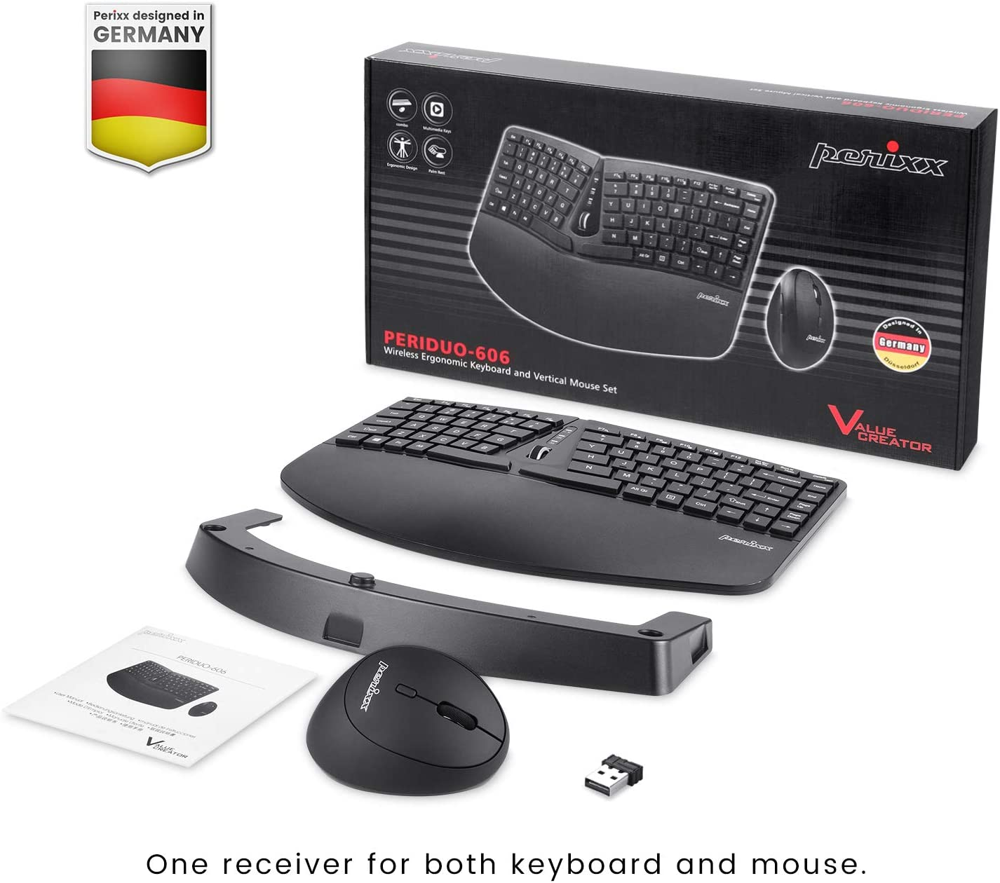 Perixx PERIDUO-606 Wireless Mini Ergonomic Keyboard with Portable Vertical Mouse - Adjustable Palm Rest Stand - Membrane Low Profile Keys - US English image number 1