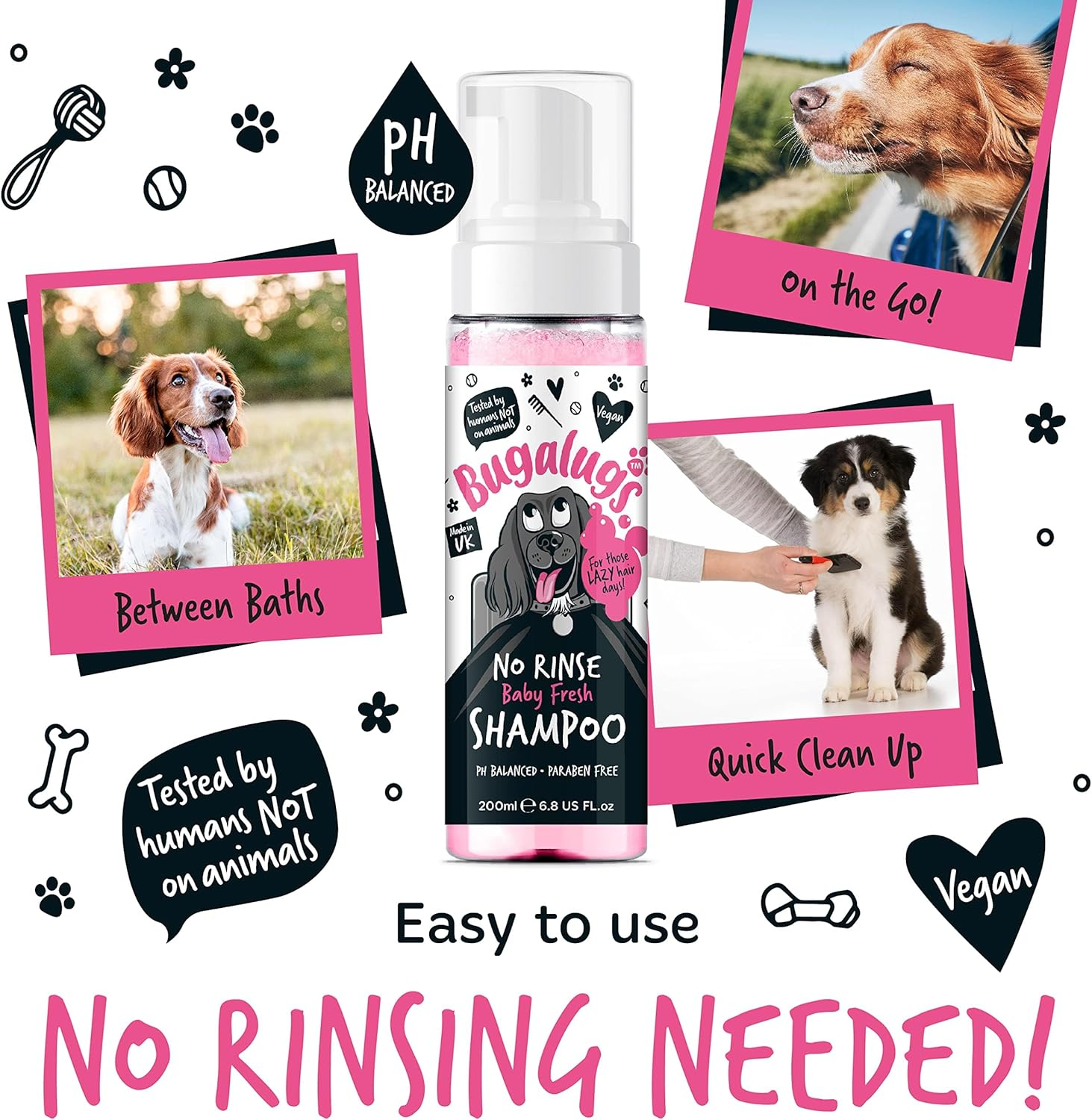 BUGALUGS No Rinse Baby Powder Dog Shampoo &ndash; Coat Dry Shampoo Quick Dog Bath for Dogs Itchy Skin Relief. Puppy Professional Groom Baby Powder Spray Foam (No 200Ml) Pink (BSNRBF200) image number 2