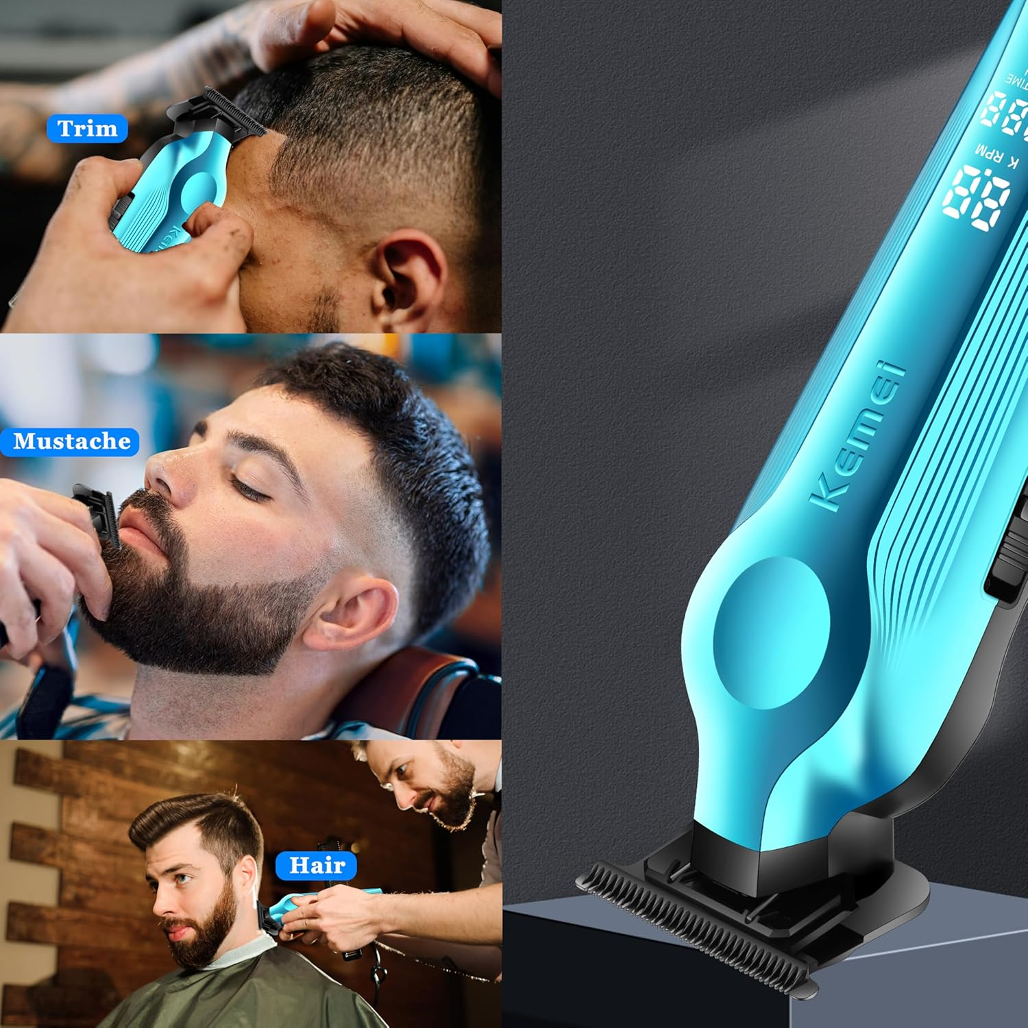 KEMEI Hair Trimmer for Men, Zero Gapped Cordless Hair Clippers Beard Trimmers with T Blade, Rechargeable Barber Clipper with LED Display, Blue