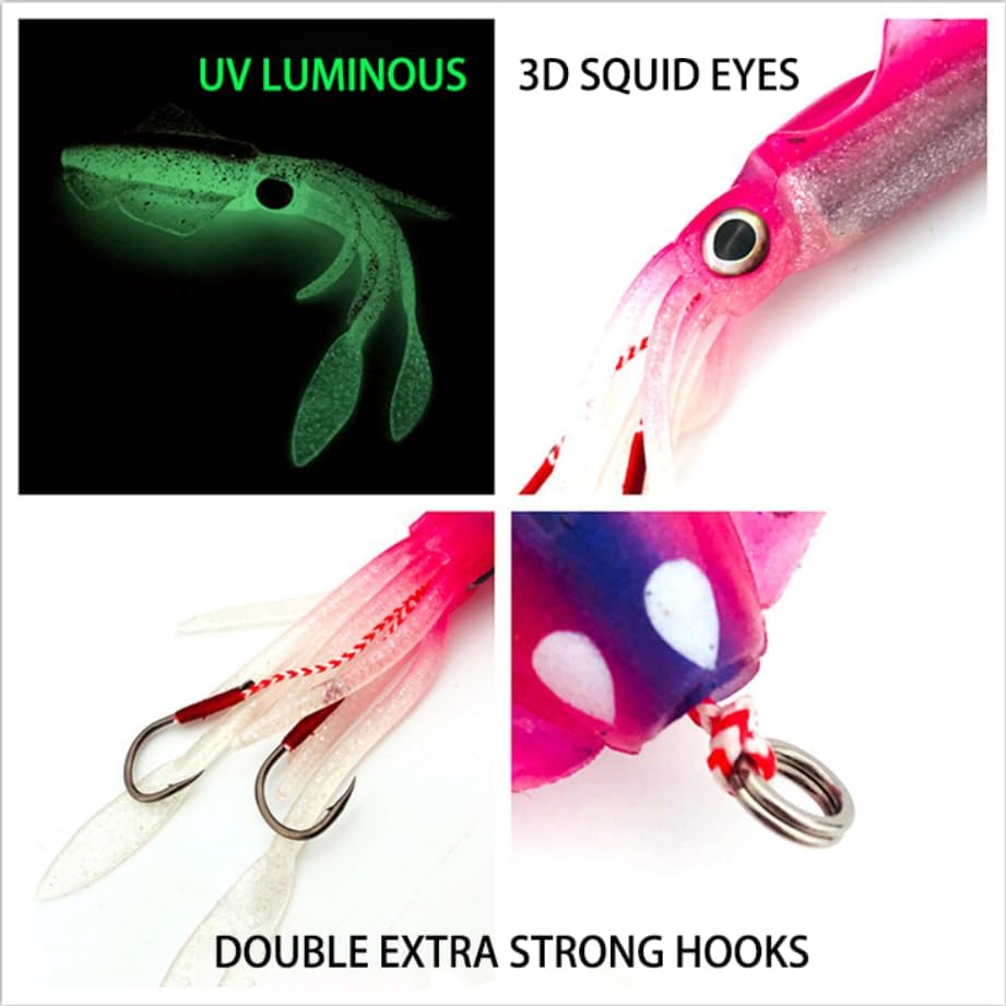Js'Outdoors Fishing Lure Octopus for Saltwater, Soft Artificial Rigged Squid Jig Trolling Lures with UV Glow Sea Offshore, 15Cm Length Swimbait Vivid 3D Eye image number 2
