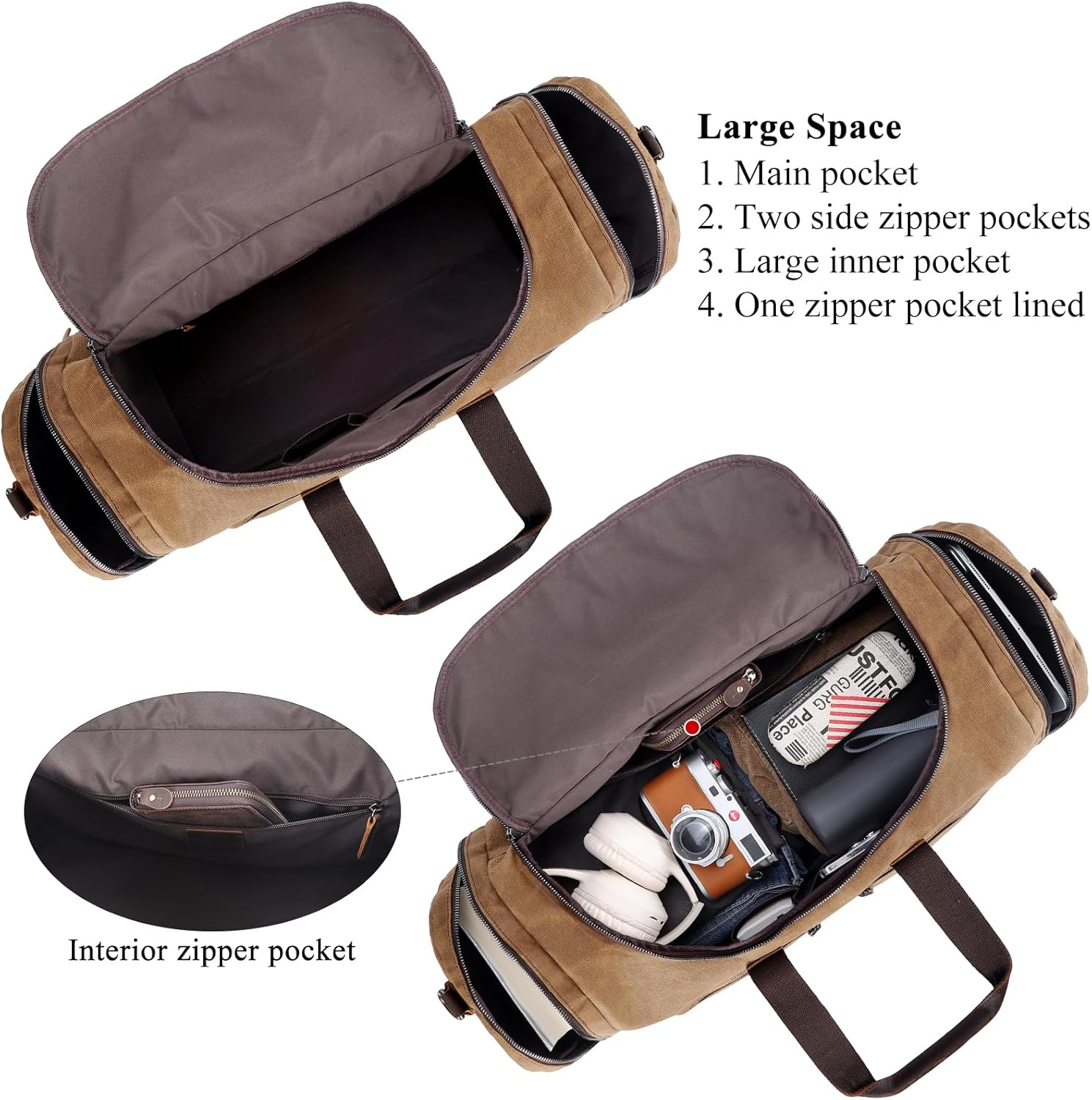 Tiding Men'S Waxed Canvas Cowhide Leather Travel Duffle Bag Waterproof 23 Inch Duffel Bag Weekender Overnight Vintage Travel Hand Bag Carry on Bag image number 4