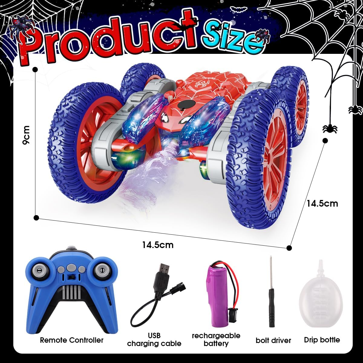 Spider Remote Control Car, 2.4Ghz RC Cars with Headlights & Cool Spray，Double Sided 4WD Off-Road 360&deg; Rotating RC Stunt Car，Indoor/Outdoor Rechargeable Spider Toy Car for Boys Age 4-6 5-7 8-13 image number 5