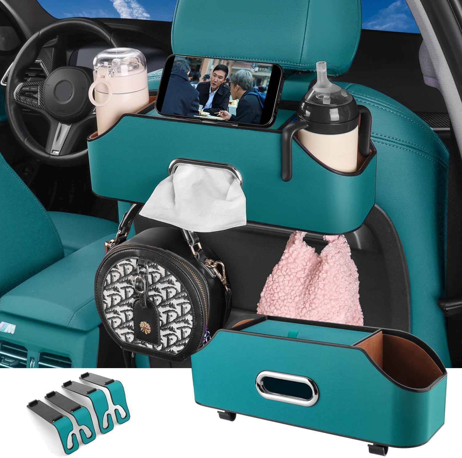 HOLDCY Car Back Seat Organizer with 2 Drink Cup Holder - Tissue Box and Storage Box Hook - Multi-Functional Storage - Great for Kids and Travel (Black)