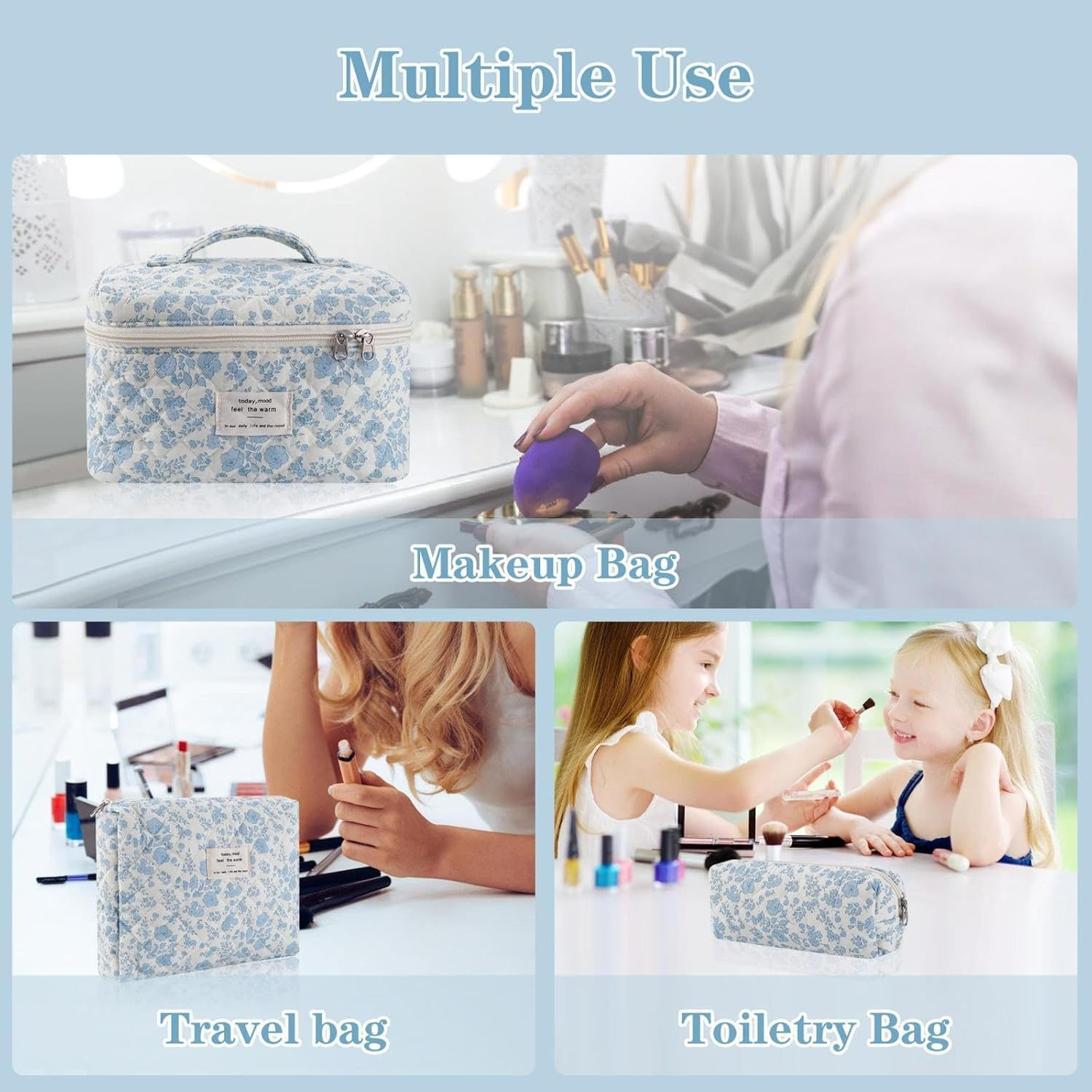 3 Pcs Cotton Quilted Makeup Bag Set,Floral Makeup Bag,Cute Makeup Bag,Travel Makeup Bag,Large Toiletry Cosmetic Bag Makeup Bag Organizer for Women Girls