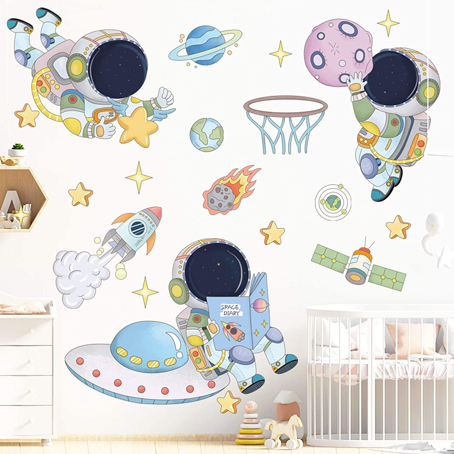 DILIBRA Astronaut Wall Stickers Planet Space Walk Spaceship DIY Art Vinyl Removable Murals Wall Decals, Cute Cartoon Spaceman Cosmonaut Art Wallpaper for Kids Boys Bedroom Playing Room
