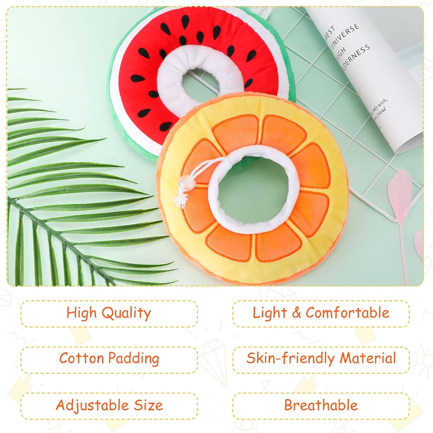 2 Pcs Adjustable Cat Cone Collar Soft Small Cat Recovery Collar after Surgery Cute Elizabethan Donut Kitten Neck Cones to Stop Licking, Orange Watermelon Shaped for Small Dogs Puppies Pet, 5-7 Lbs image number 4