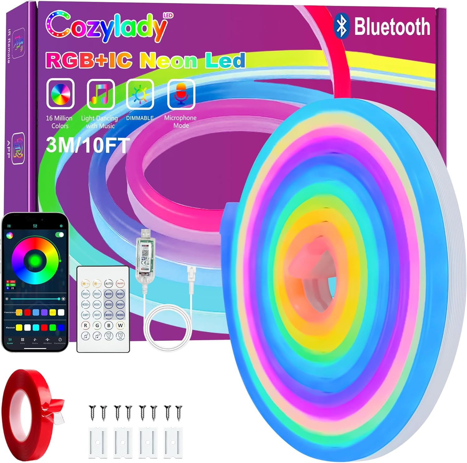Cozylady USB Neon Rope Lights 3M,Waterproof 10Ft RGB+IC LED Rainbow Lights with Bluetooth App/Remote Control,Music Sync,Running Effect Neon Strip Light for Bedroom Gaming Wall Decor Outdoor image number 3