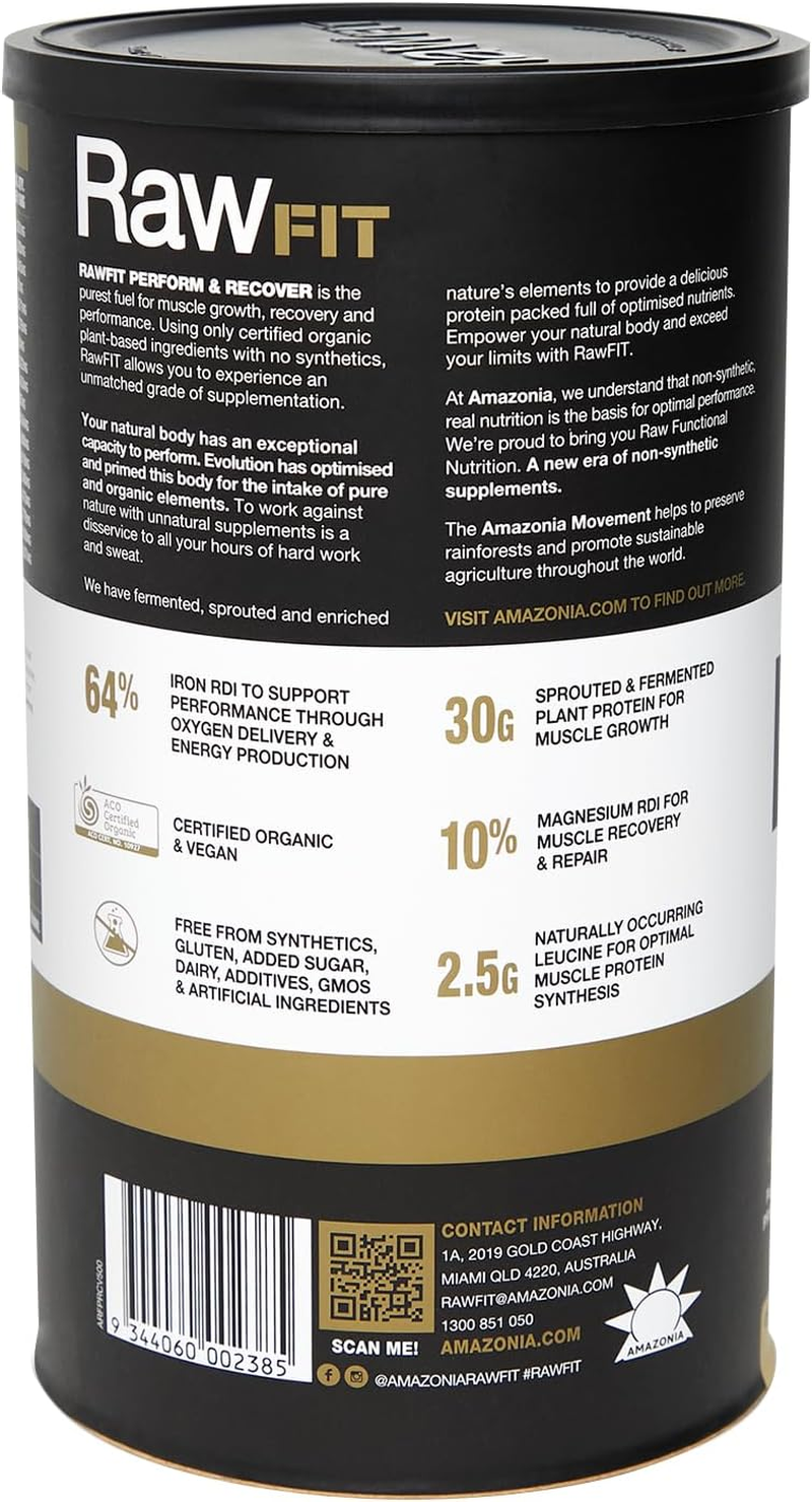 Amazonia Rawfit Plant Protein Perform & Recover Vanilla - Certified Organic, Low FODMAP Certified, Vegan, Sprouted & Fermented Pea & Brown Rice Protein, HASTA Certified, 35G Protein per Serve, Supports Muscle Growth & Recovery, 500G