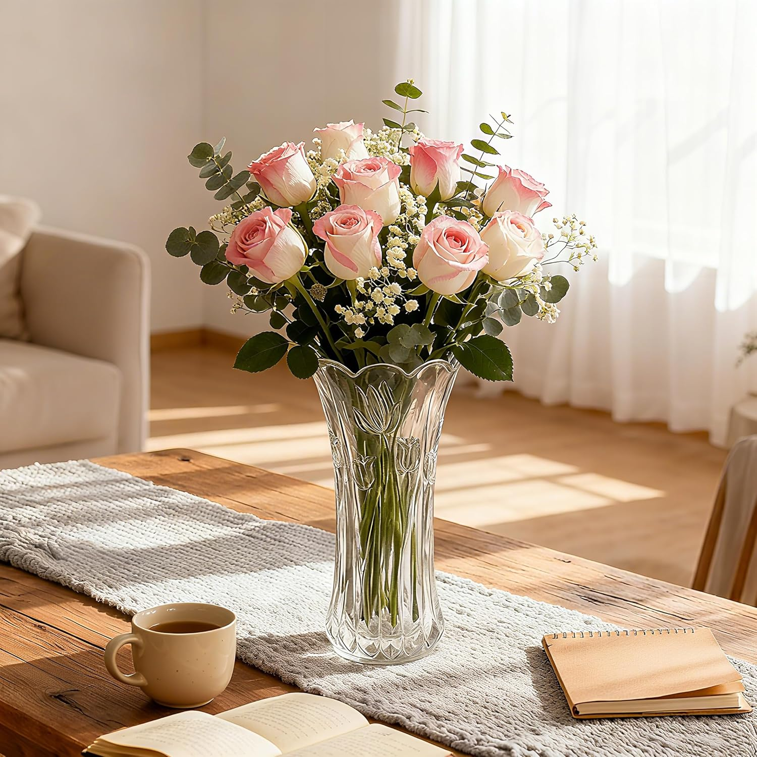 Dicunoy Set of 2 Glass Flower Vase, 9.5" Large Flower Vases for Centerpieces, Modern Clear Heavy Duty Crystal Tall Cylinder Flared Vase for Rose Bouquet, Home, Wedding, Living Room, Office image number 6