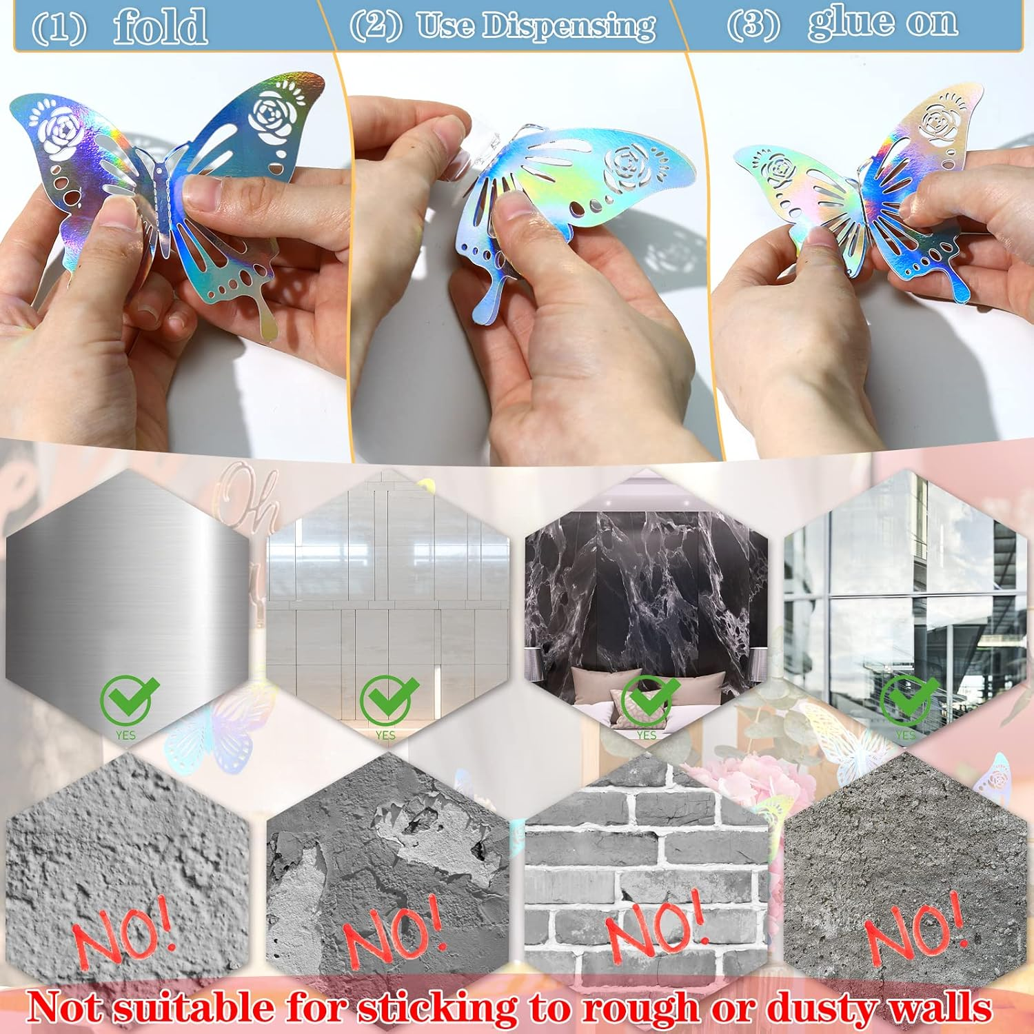 60 Pcs 3D Shiny Silver Butterfly Wall Stickers Decals ,Removable Holographic Silver Butterfly Wall Decor Classroom Decor with Set 5 Style DIY Man Made Decorative Paper Murals for Nursery, Party Decor (Silver) image number 3