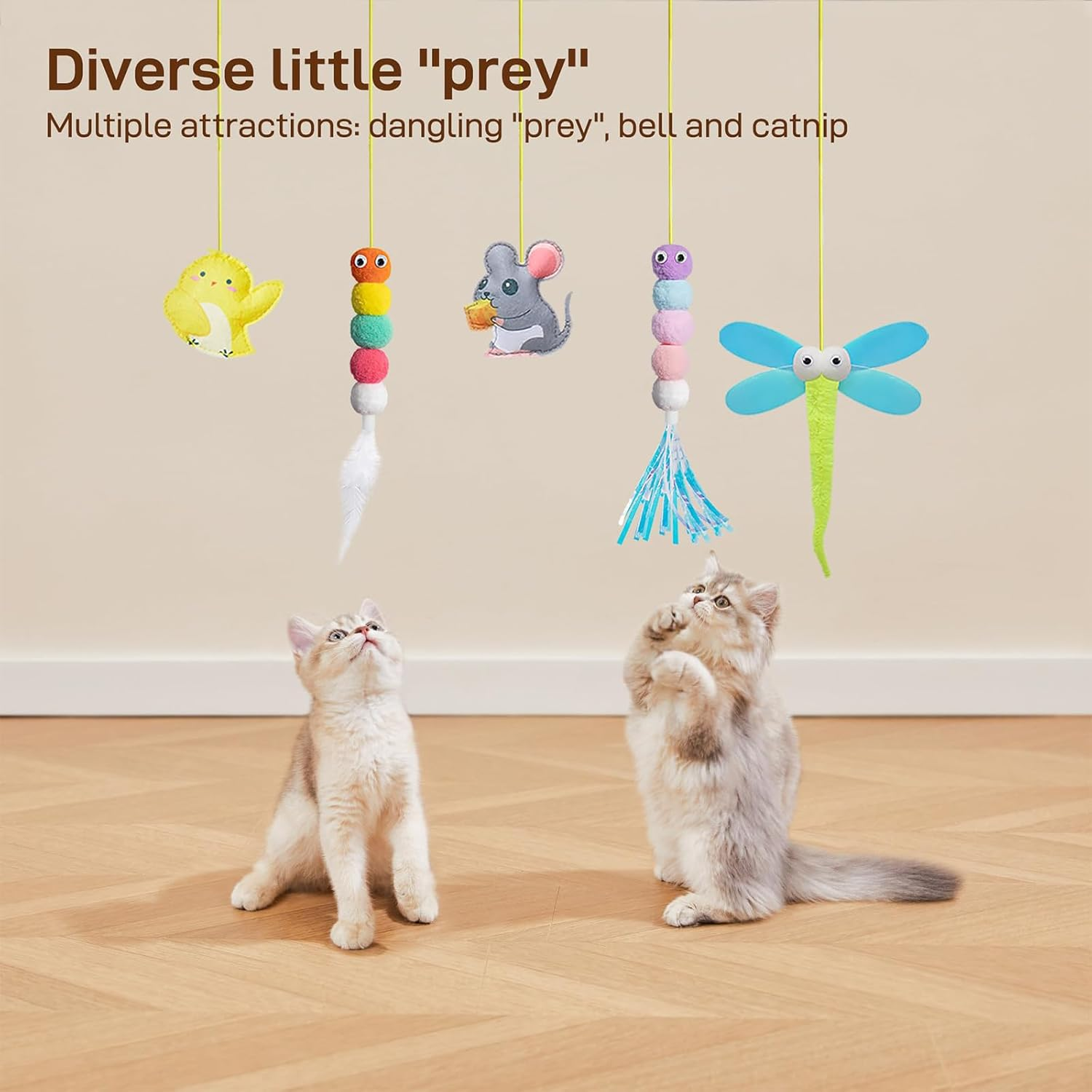 Interactive Cat Feather Toys 5 Pcs, Cat Teaser Retractable, Hanging Interactive Toys for Indoor Cats Kitten Play Chase Exercise, Kitten Mental Exercise Toys image number 1