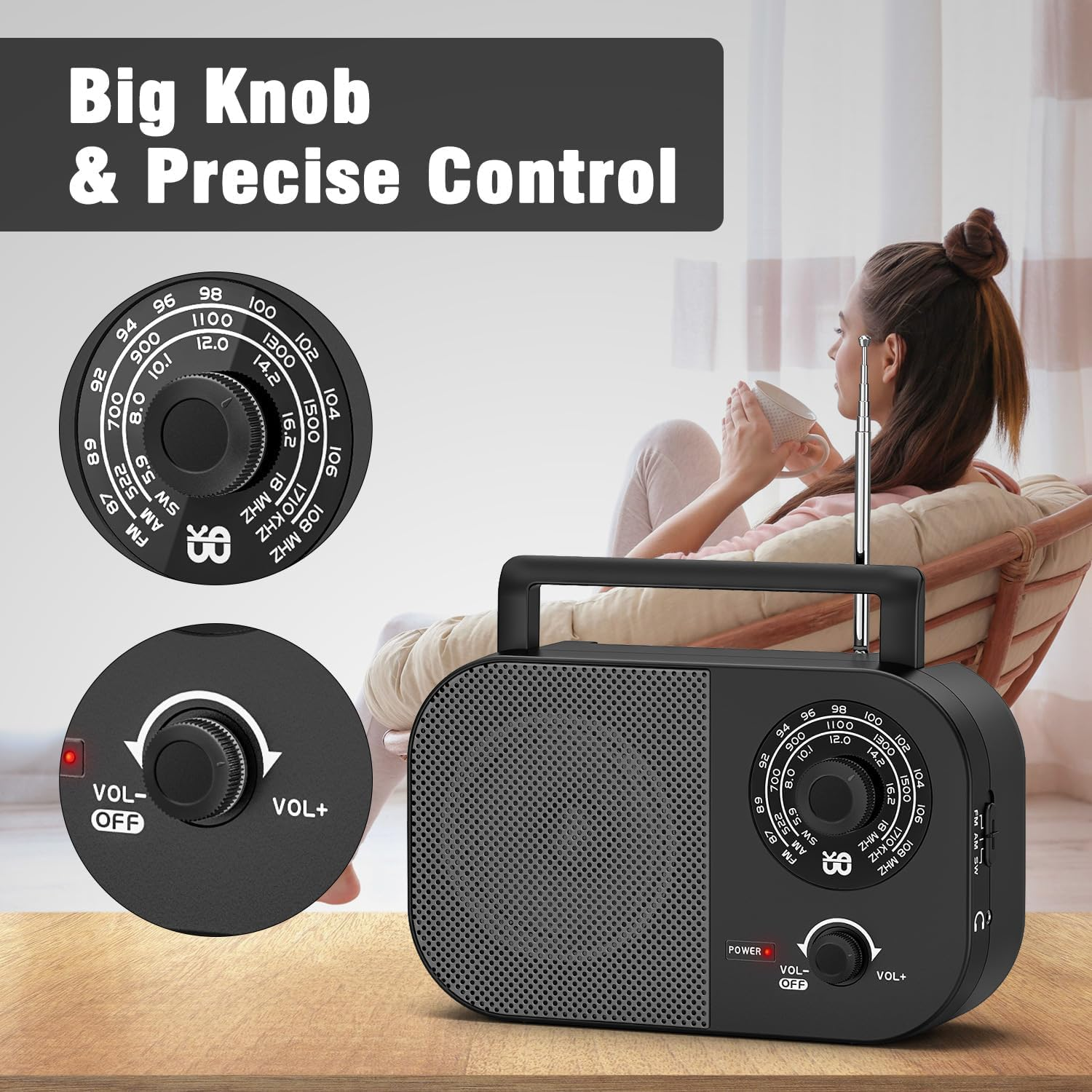 Portable Radio AM FM SW with Best Reception, Transistor Radio with Battery Operated or AC Power Adapter, 5W Big Speaker, Large Tuning Knob, Clear Dial, Earphone Jack for Gift image number 4