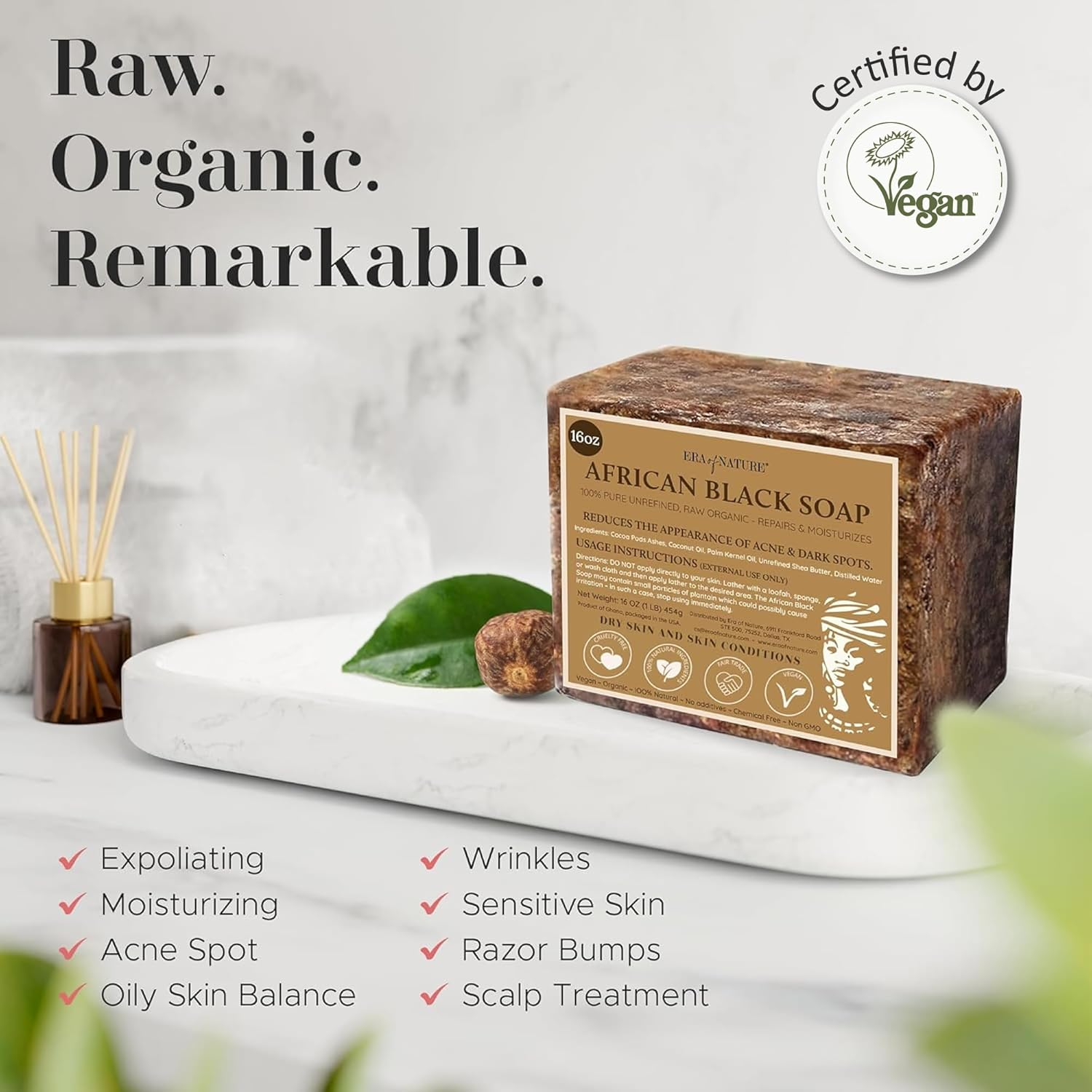 Era of Nature Best Raw ORGANIC AFRICAN BLACK SOAP, for Dry Skin and Skin Conditions. Pure & Natural Ingredients, Imported from Ghana - 1Lb (16Oz) image number 3