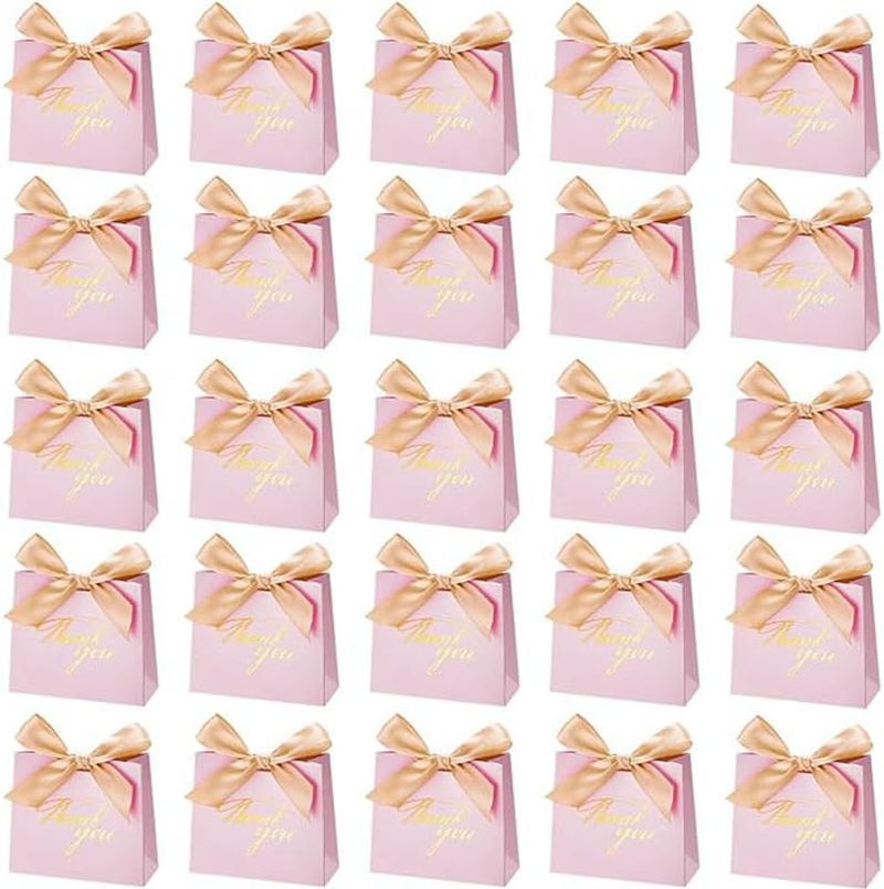 25 Pcs Small Thank You Gift Bags with Gold Bow Ribbon - Pink Patterned Paper Party Favor Treat Boxes (Pink) image number 3