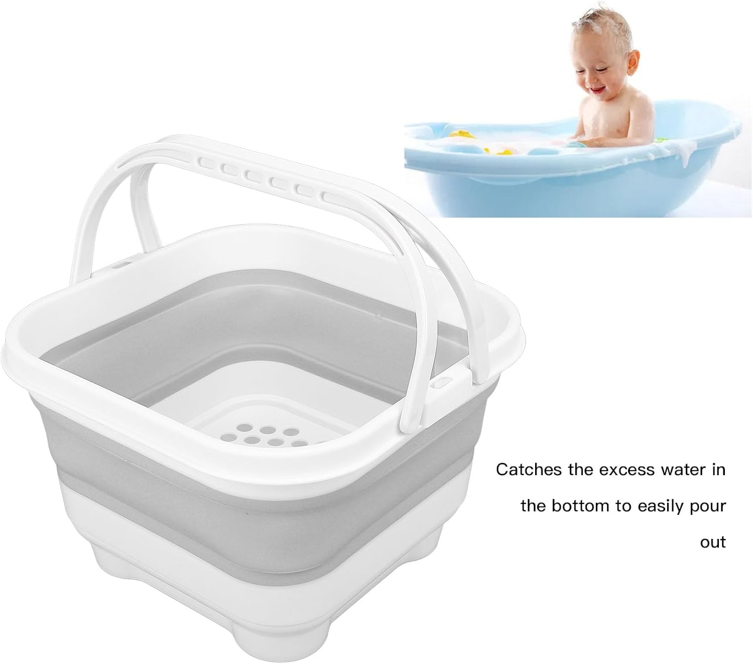 Toy Storage Box Foldable, Cute Bath Toy Organizer with Removable Base Quick Drain High Capacity for Toiletries Towels Bathroom Toy Holder (White+Grey) - White+Blue image number 4